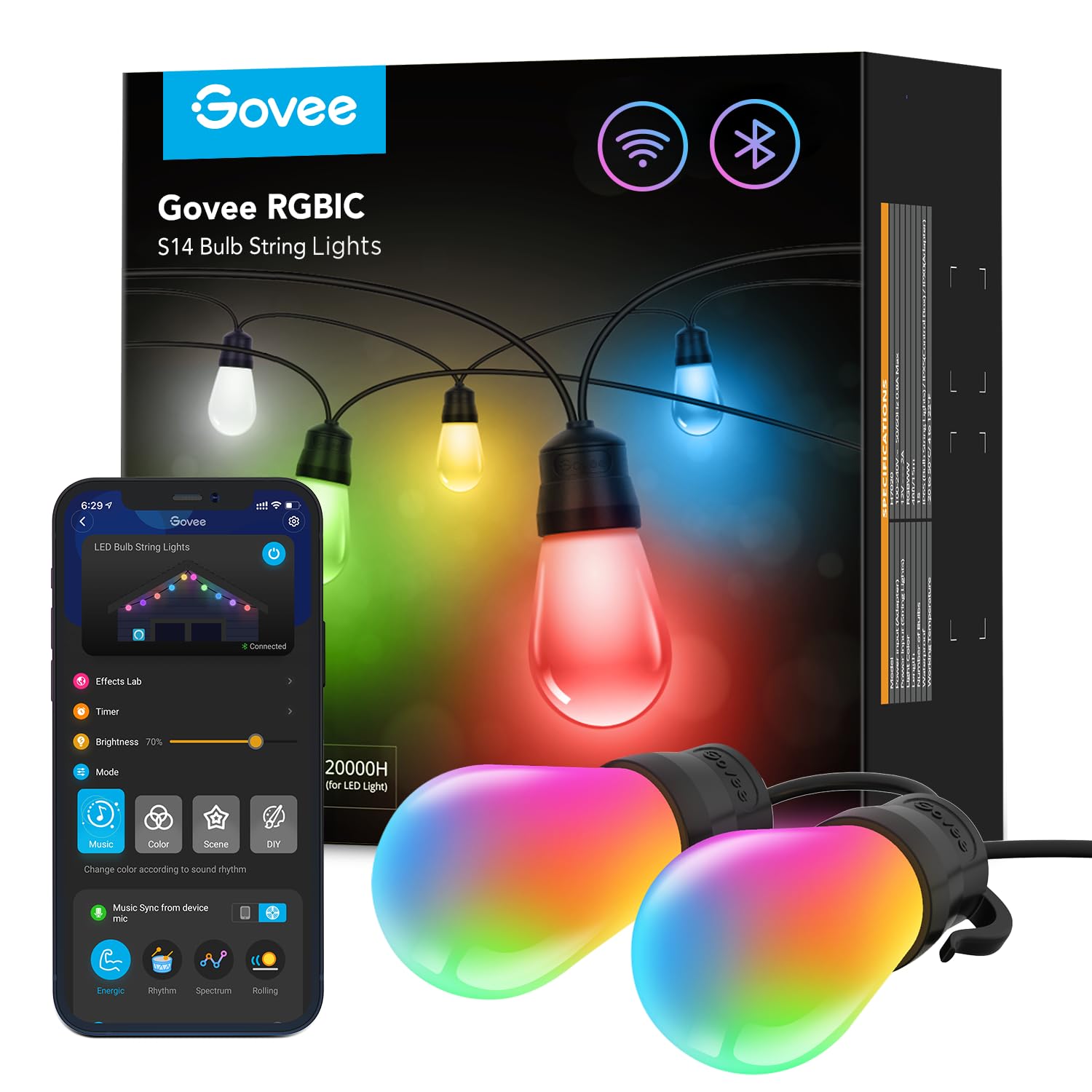 Govee H7020 Smart Outdoor String Lights - 48ft RGBIC & Warm White WiFi LED Bults, Alexa & App Controlled, IP65 Waterproof, Dimmable for Patio, Backyard, Garden & Outdoor Parties | Perfect for Christmas, Weddings & Landscape Lighting