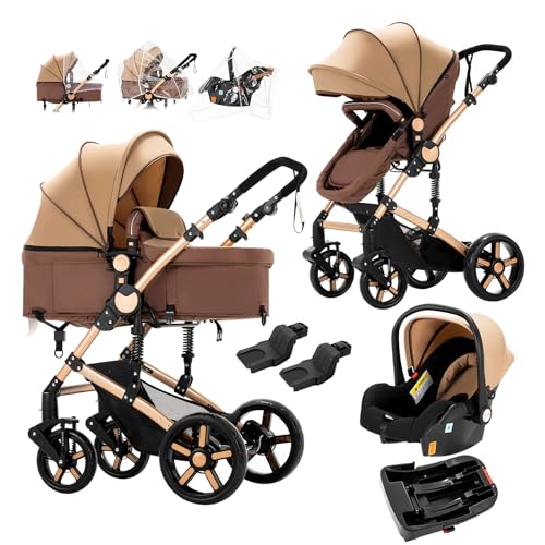 3 in 1 Baby Travel System - Reversible Stroller with Luxury High Landscape Pram & Foldable Design | Portable Standard Buggy for Newborn to Toddler (UD588-Khaki with Base) | Perfect for Shopping, Travel & Daily Walks