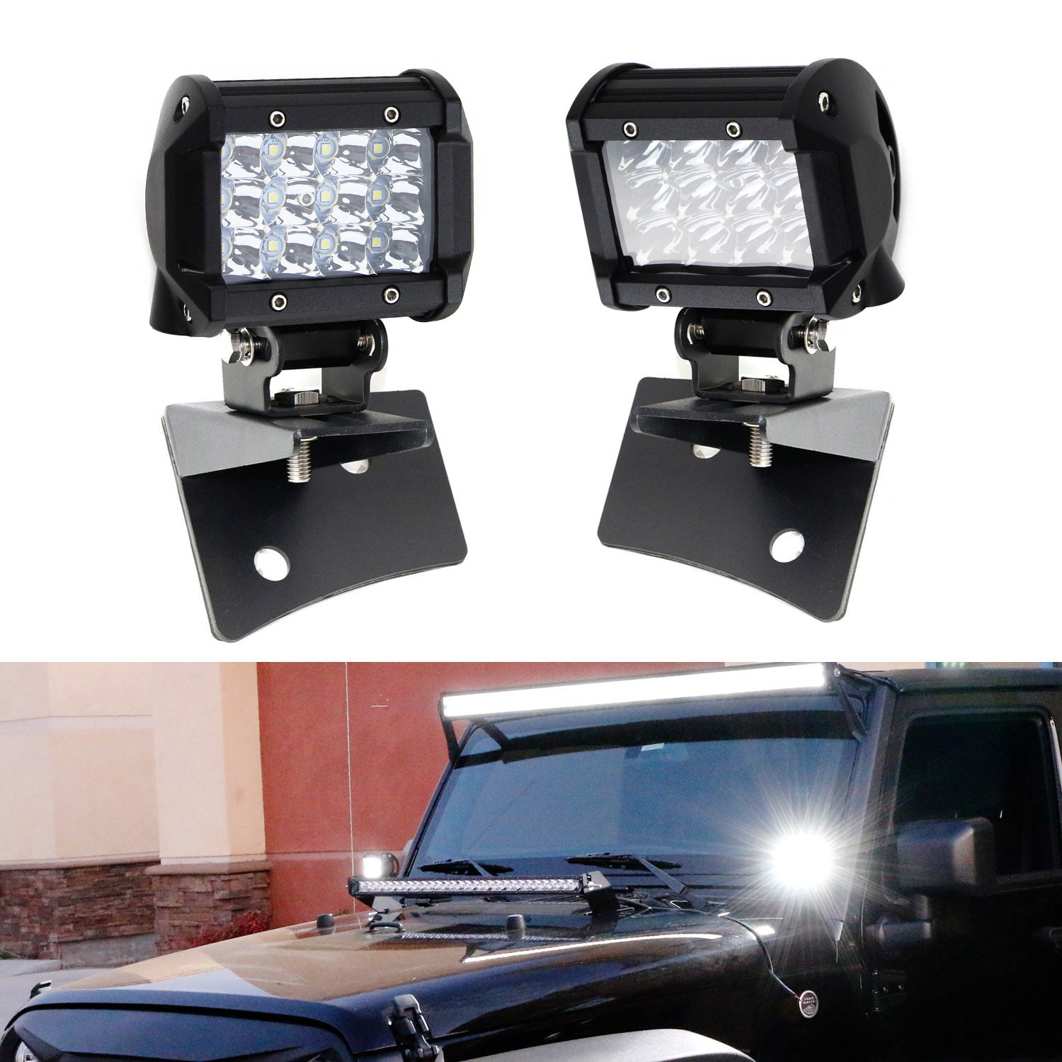 36W LED Pod Light with A-Pillar Mounting Bracket & Wiring Harness - Compatible with 2007-2017 Jeep Wrangler JK - Off-Road, Trail, Night Driving Lighting Upgrade
