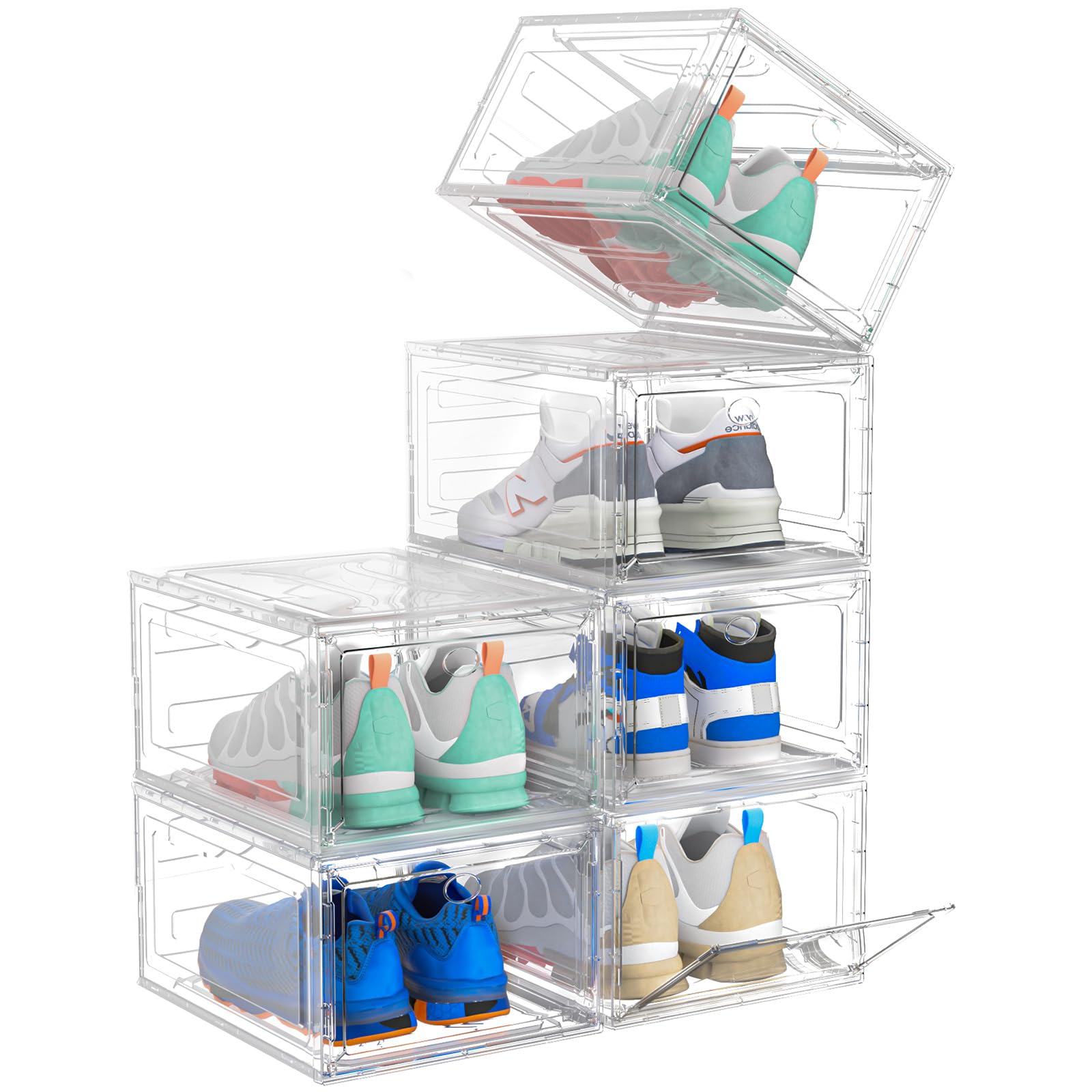 Upgrade Harder Solid Plastic Shoe Organizer with Magnetic Front Door - 6 Pack Clear Shoe Storage Boxes for Sneakers, Closet Organization & Display - Durable White Shoe Rack for Home, Office, or Retail Store Use