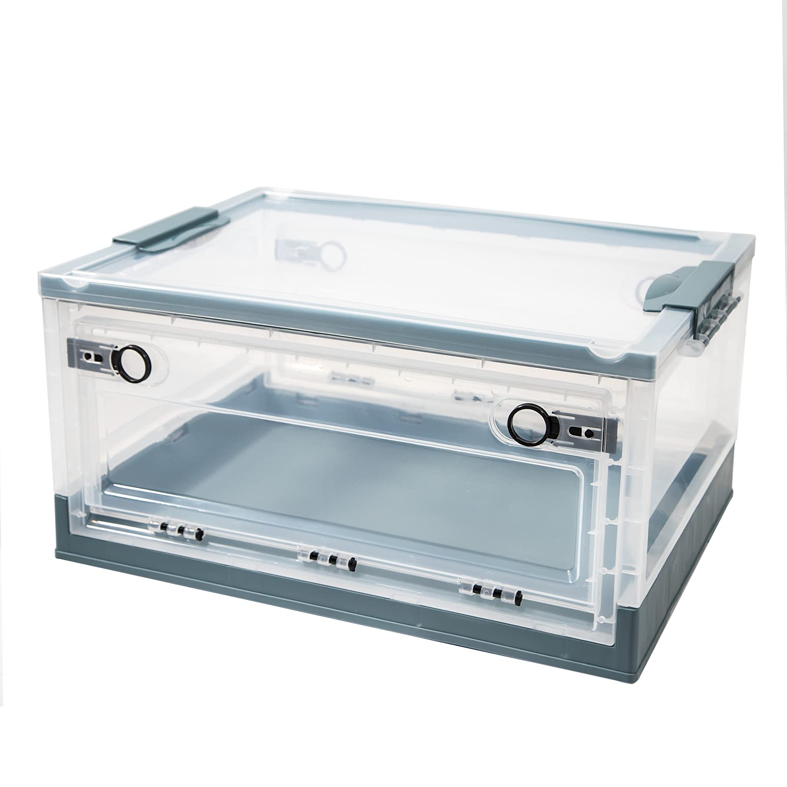 44L Clear Plastic Storage Bins with Lids - Collapsible Storage Cubes with Door, Large Stackable Folding Utility Crates for Home, Office & Car Organization (Blue) | Perfect for Closet Organization, Toy Storage & Travel Packing