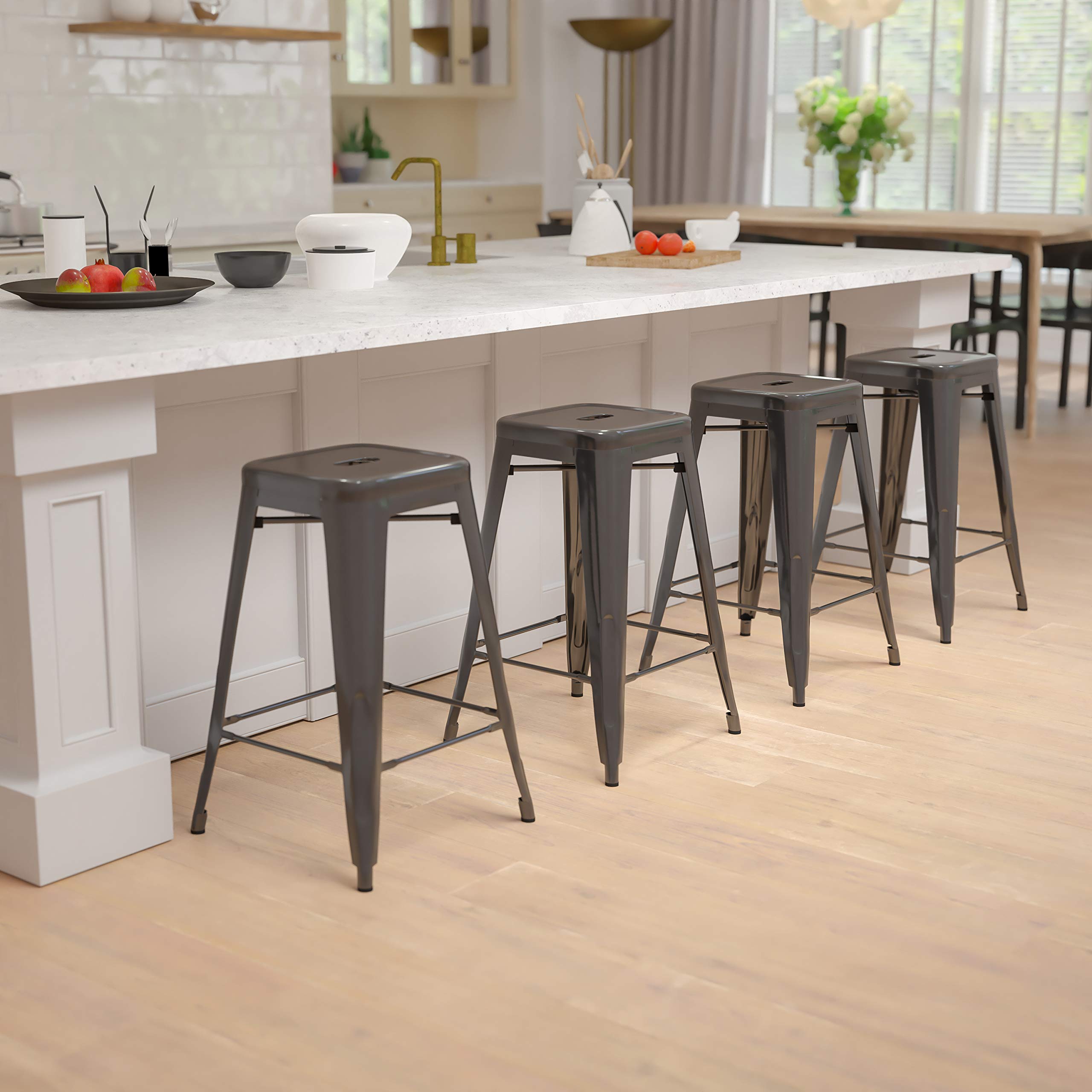 EMMA & OLIVER 4-Pack 24-Inch Black Metal Counter Height Bar Stools - Stackable Indoor Bar Stools for Kitchen Island, Breakfast Nook & Home Bar