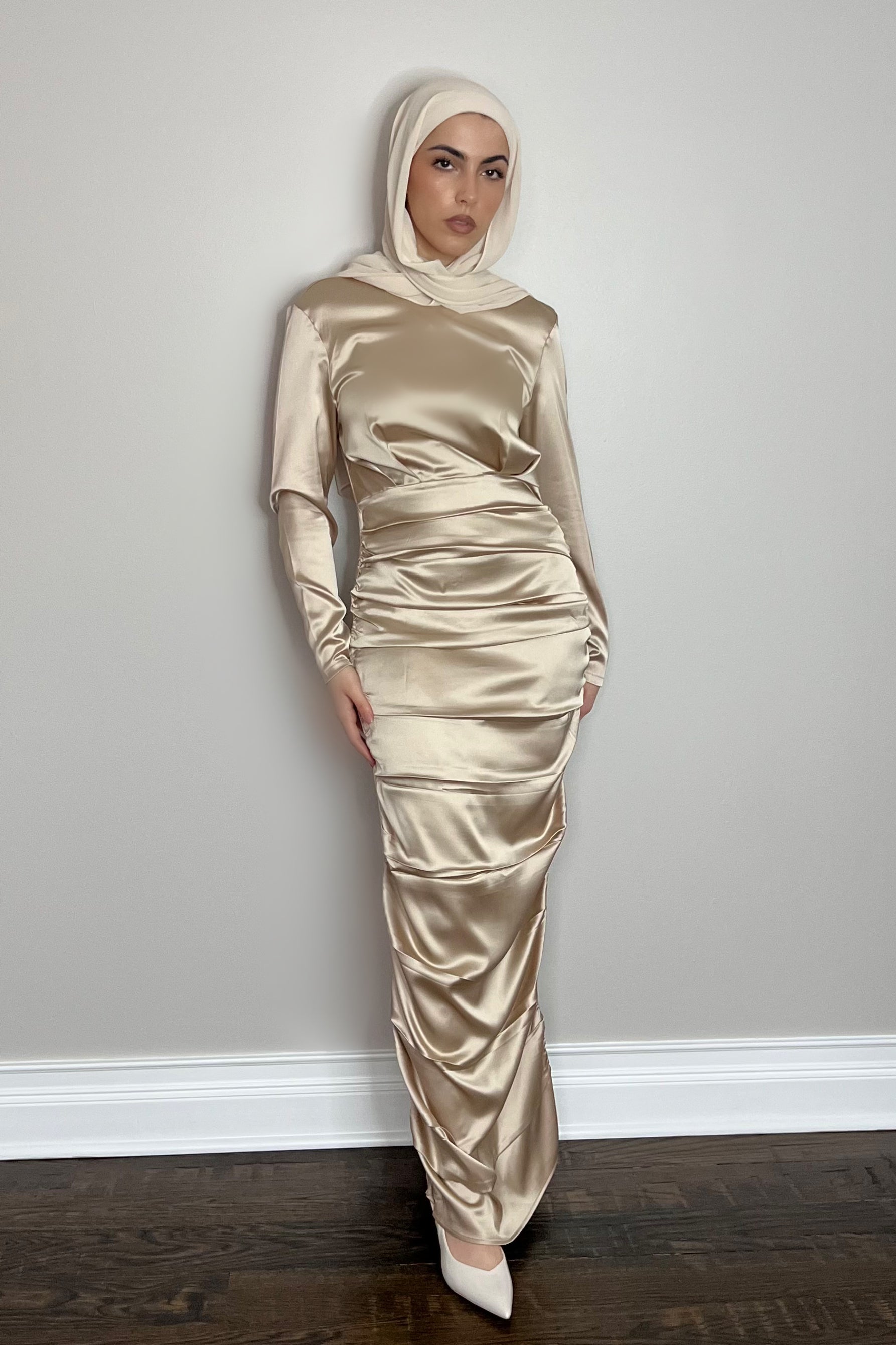 HANA SATIN DRESS in Champagne - Elegant Evening Gown for Weddings, Parties & Special Occasions | Final Sale