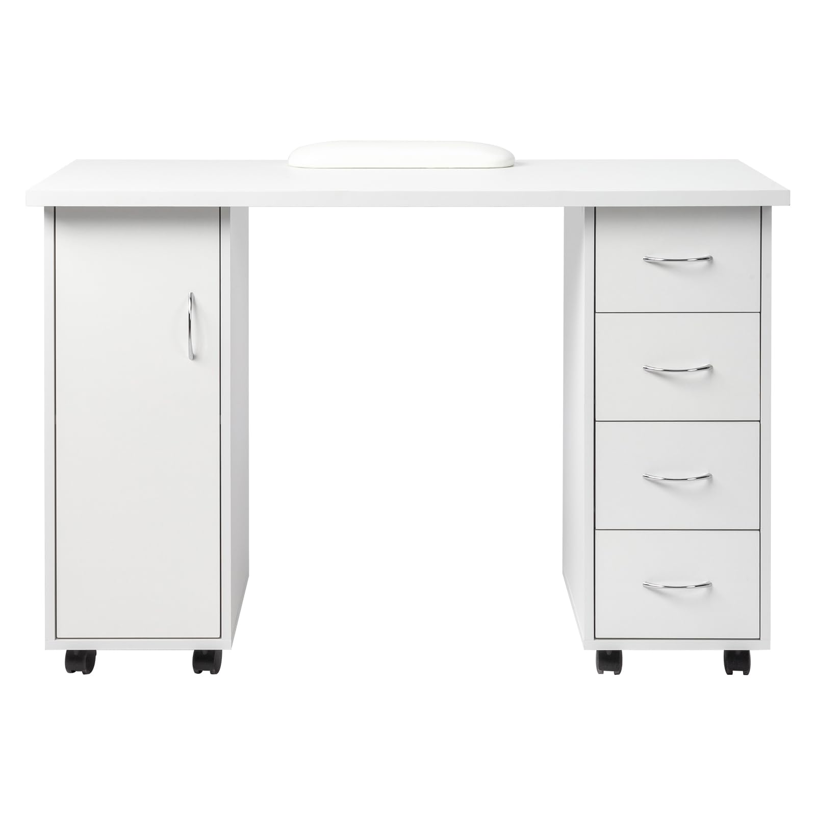 Professional Rolling Nail Table Manicure Station - White Beauty Salon Nail Desk with 4 Drawers, Large Storage Cabinet & Wrist Rest - Perfect for Nail Technicians, Home Salons & Spa Businesses