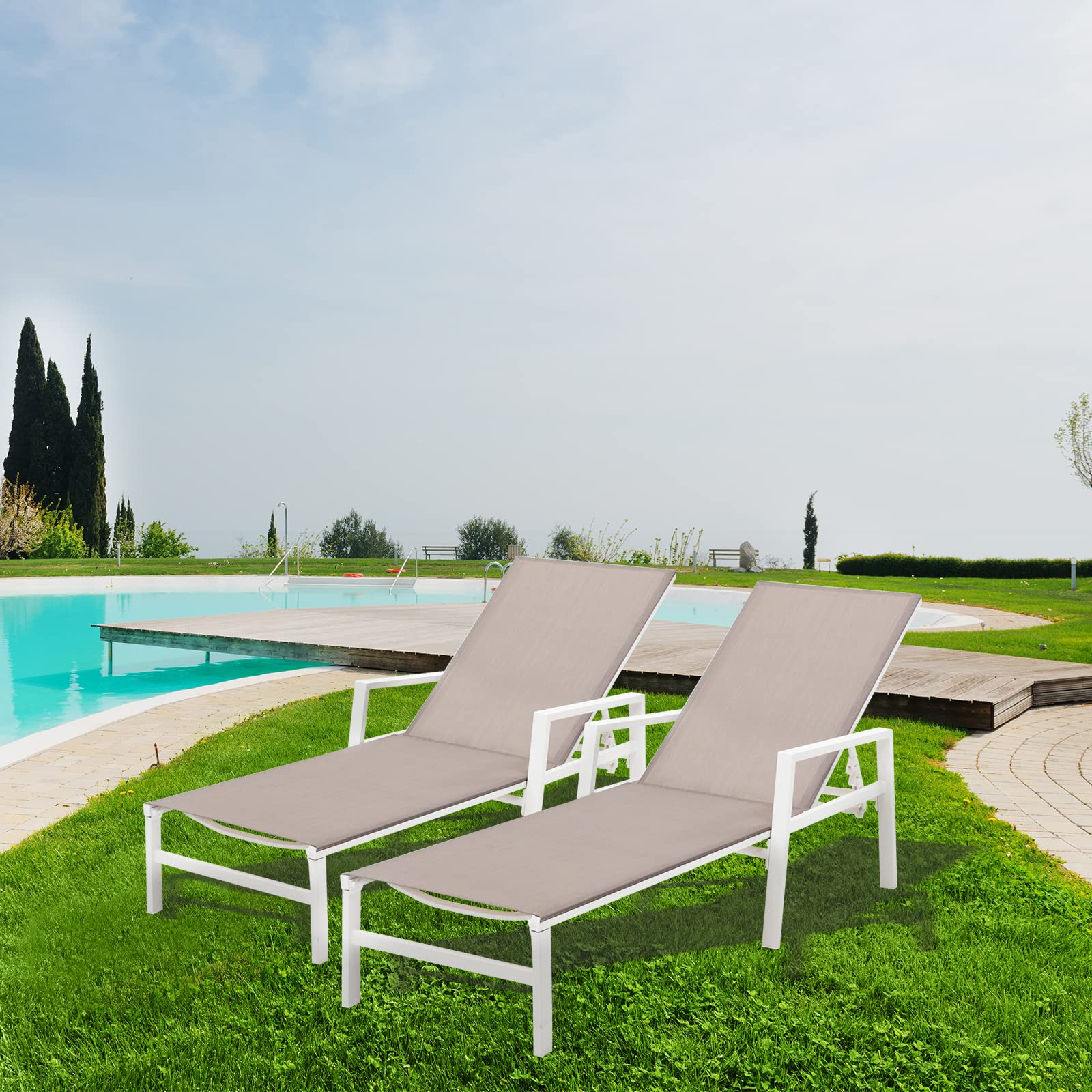 Premium Outdoor Patio Lounge Chair Set of 2 - Adjustable Aluminum Chaise Lounges with 5 Backrest Positions - Perfect for Backyard, Balcony, Poolside & Beach Relaxation (Khaki) - Ideal for Sunbathing, Reading & Outdoor Lounging