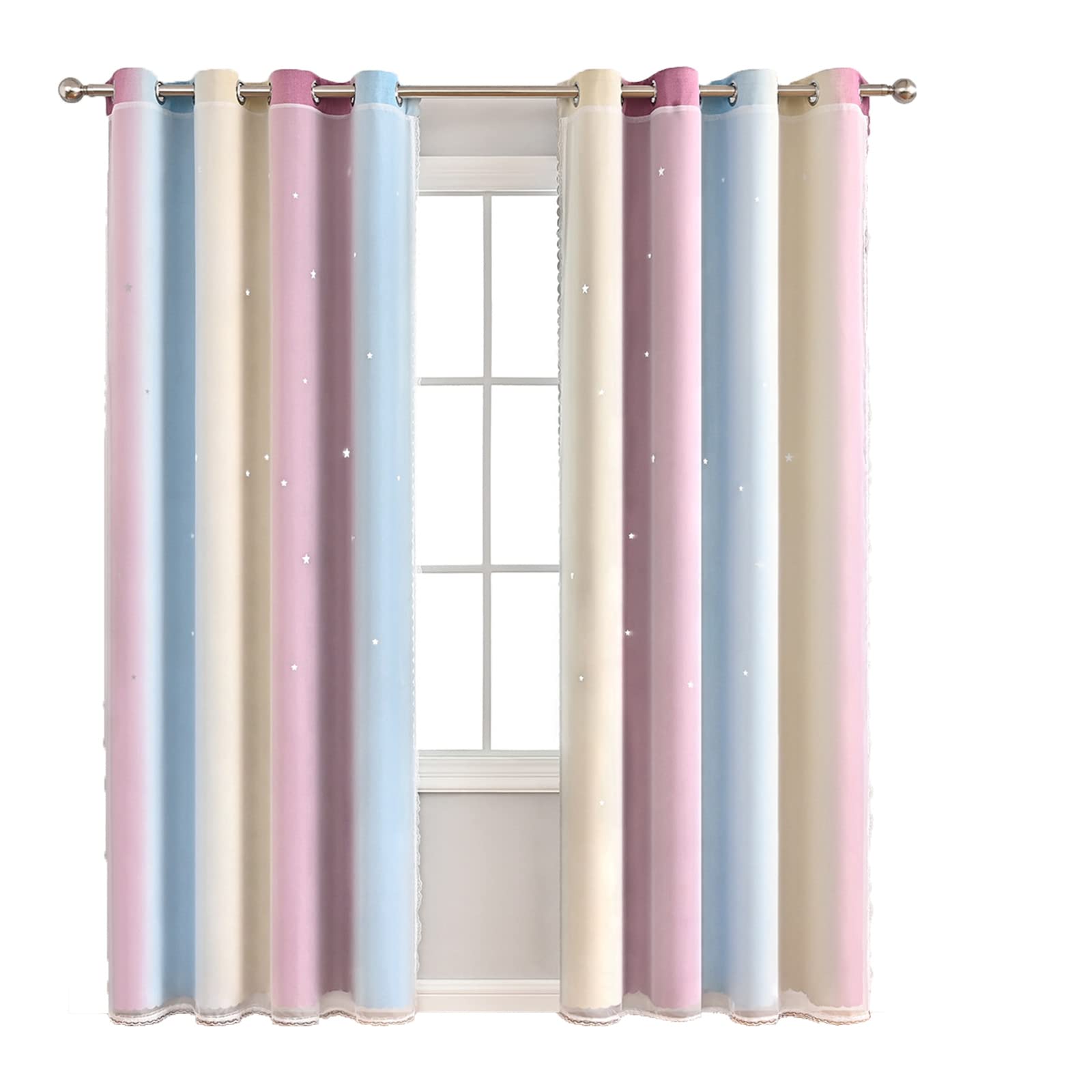 GKLLXC Nordic Style Gradient Blackout Curtains - Lace Hollow Gradient Star Design, Double Insulated Thermal Gauze Integrated Drapes for Girls & Kids Bedroom or Living Room (2 Panels) - Perfect for Nursery, Teen Room & Home Decor