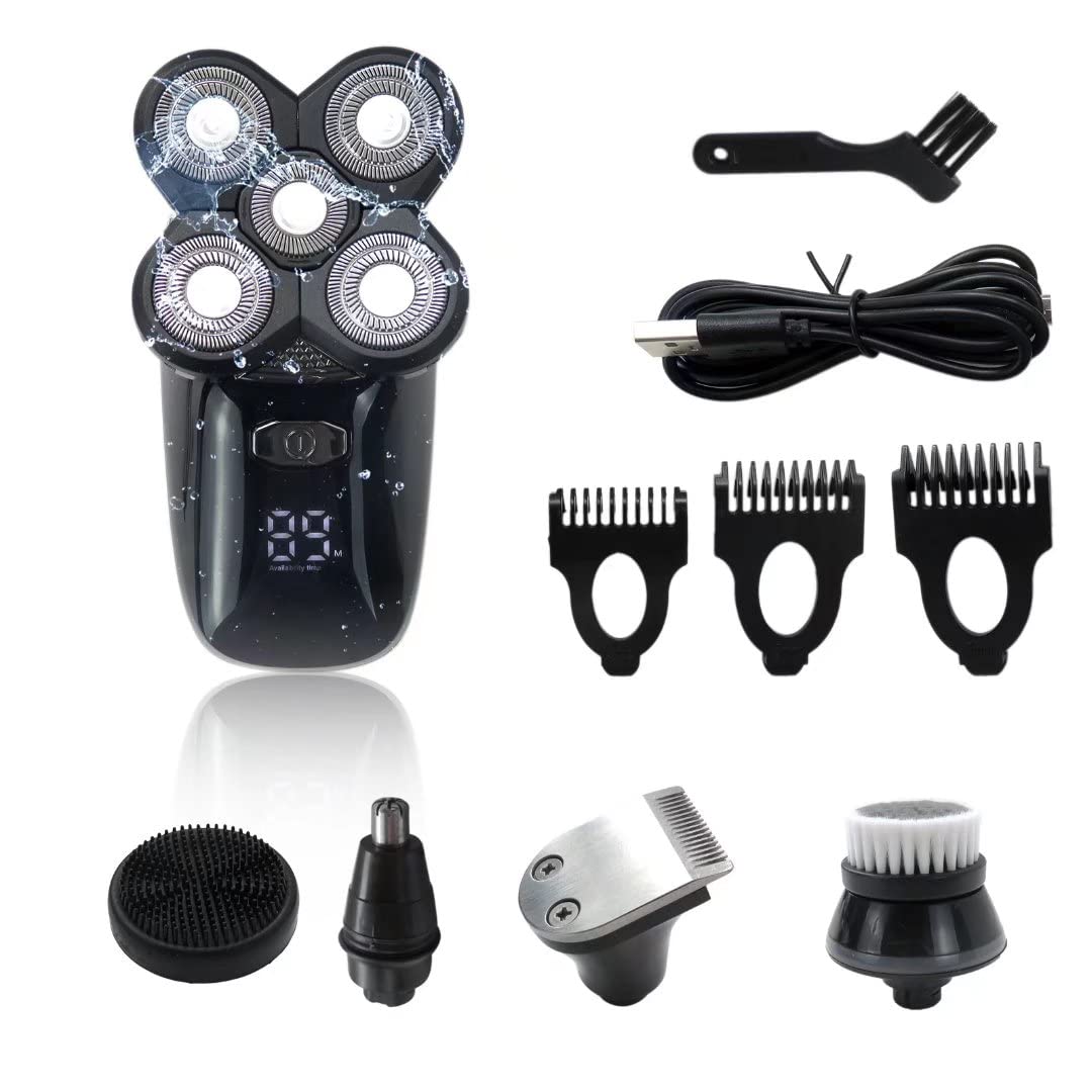 5-in-1 Rechargeable Electric Shaver for Men - Multi-Functional Trimmer with 5 Floating Heads, Nose & Ear Hair Trimmer, Facial Cleaning Brush (Silver) - Perfect for Travel, Grooming & Personal Care