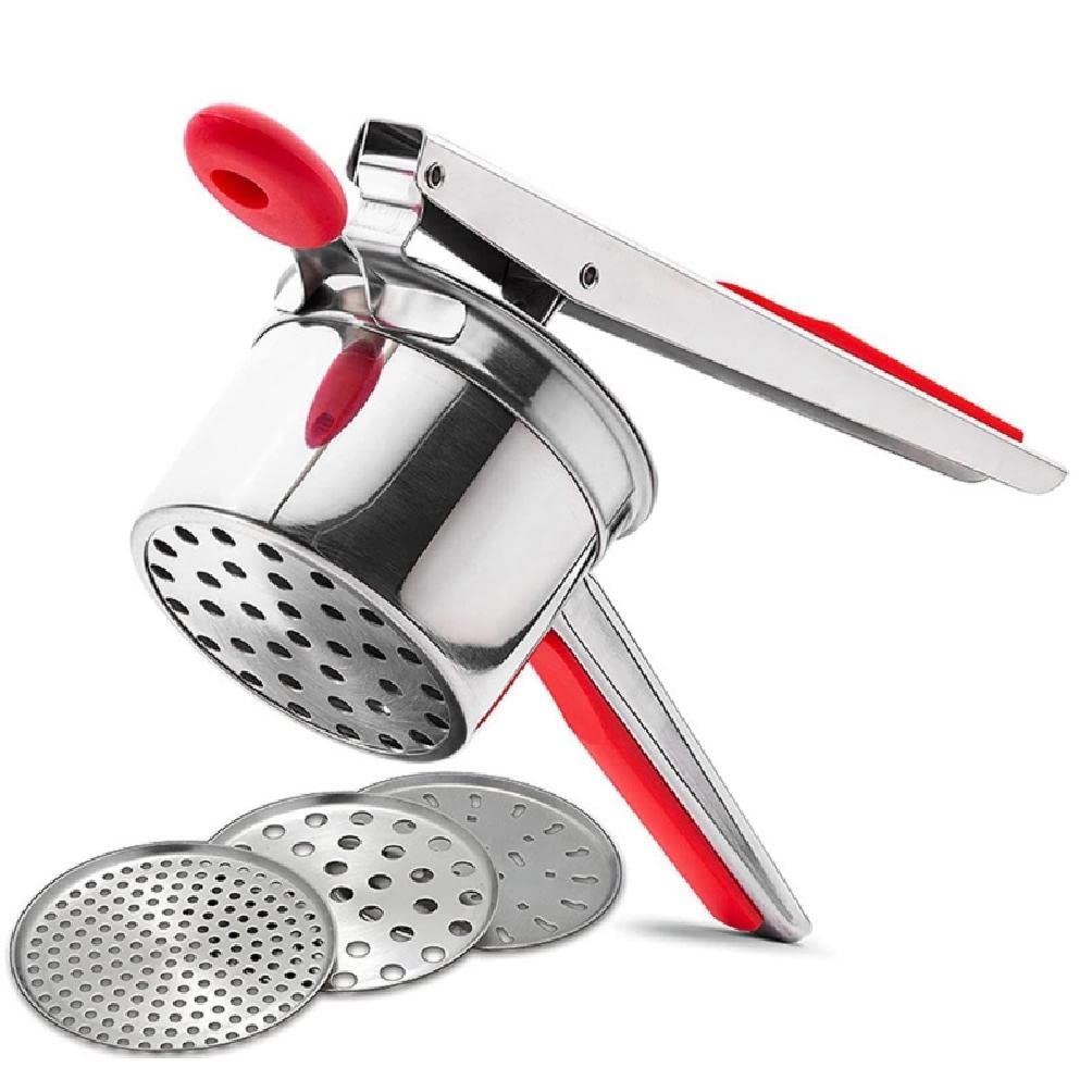 Premium Stainless Steel Potato Masher & Ricer - Heavy Duty Kitchen Tool for Mashing Potatoes, Pureeing Vegetables, Pressing Garlic & Making Spaetzle - Ideal for Home Cooking, Baking & Meal Prep