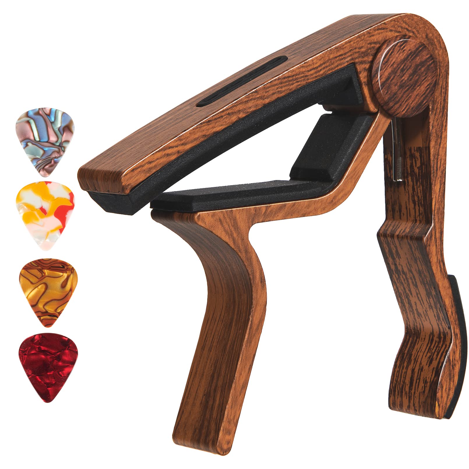 Premium Rosewood Guitar Capo with Pick Holder - Compatible with Acoustic, Electric Guitar, Ukulele, Bass & Banjo - Includes Free Guitar Picks - Perfect for Live Performances, Studio Recording & Practice Sessions