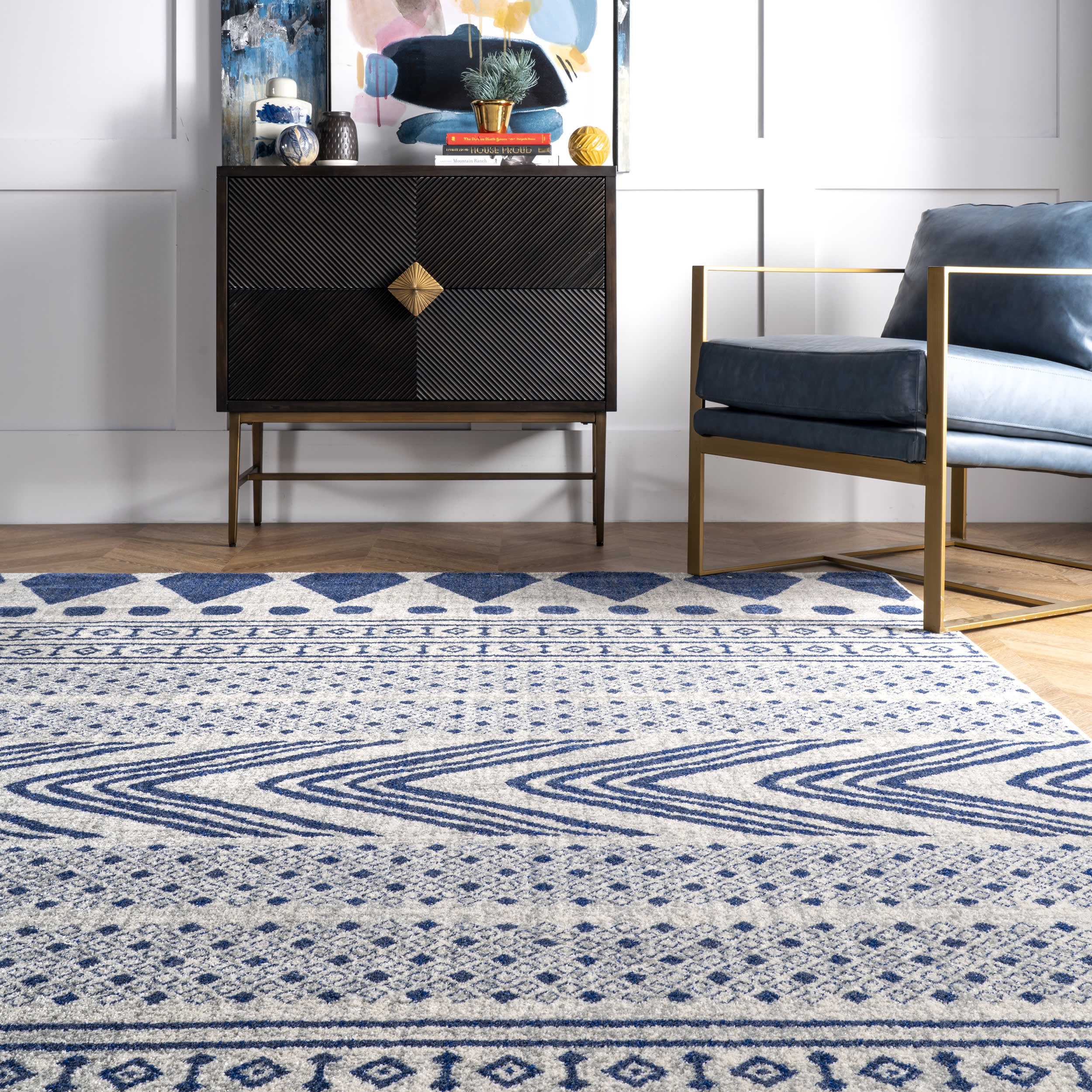 Modern Geometric Banded Area Rug - Blue and White Handwoven Cotton Rug for Living Room, Bedroom, or Nursery Decor