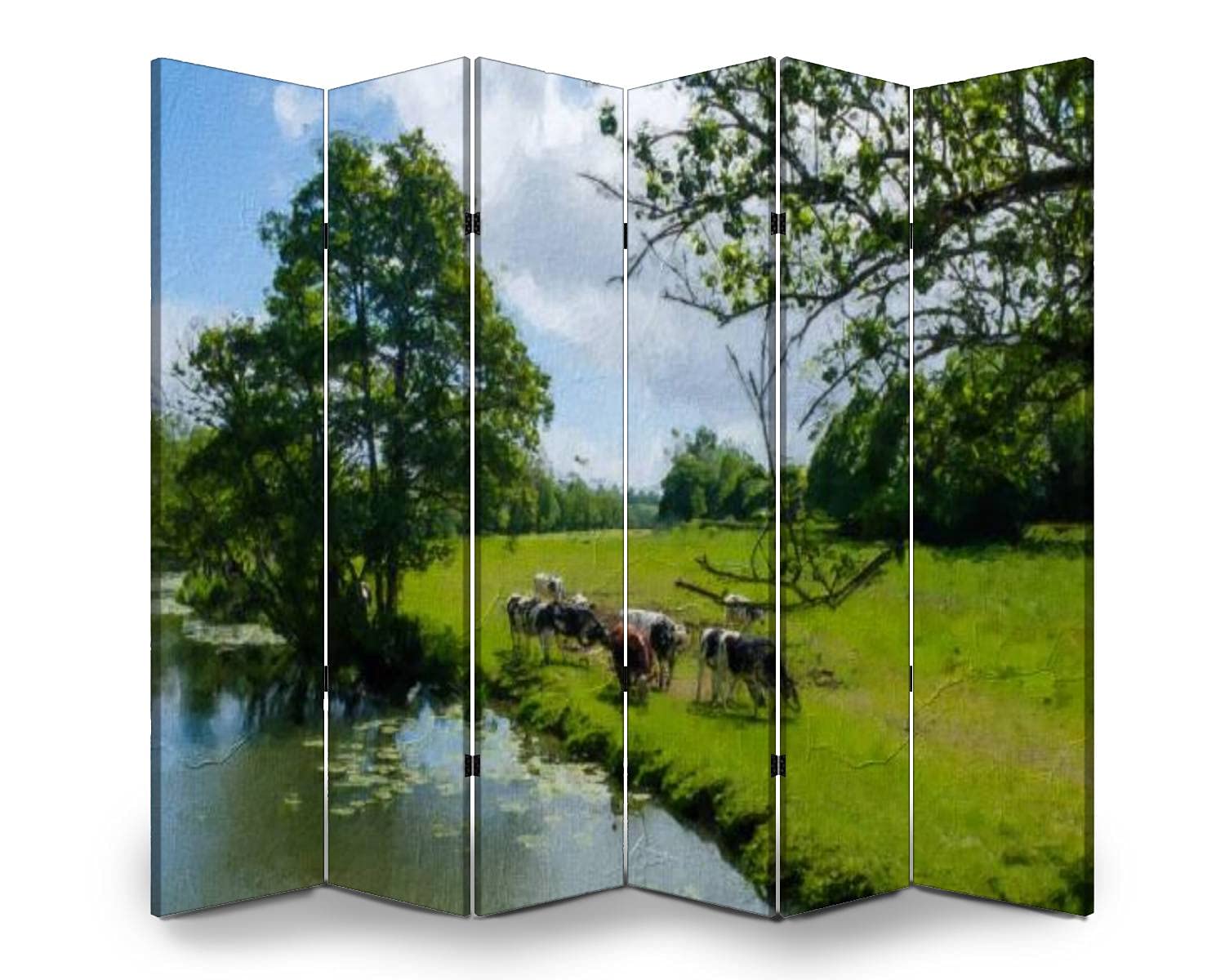 6-Panel Folding Room Divider Privacy Screen - Cows in Summer English Meadow Landscape Design for Indoor/Outdoor Use | Freestanding Partition for Home, Office, Garden & Event Spaces