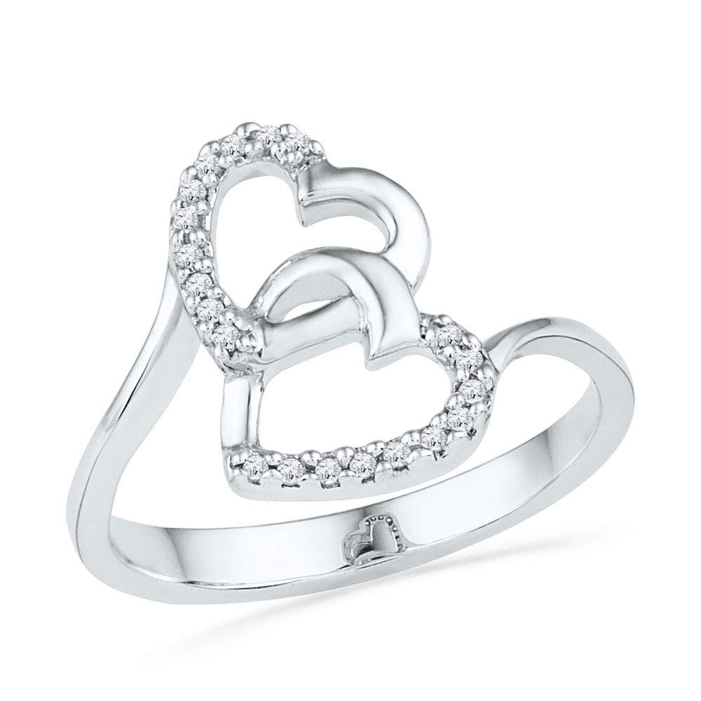 Dazzlingrock 10K White Gold Women's Round Diamond Double Heart Ring - 1/12 CTW, Elegant Valentine's Gift for Her, Anniversary Jewelry, Romantic Proposal Ring