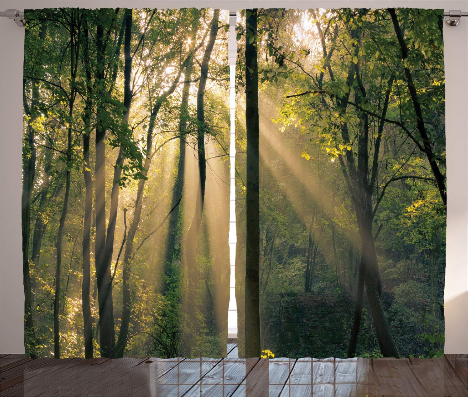 Forest Scenic Blackout Curtains - Morning Sunrays Through Trees Countryside View Window Drapes 2 Panels Set (80