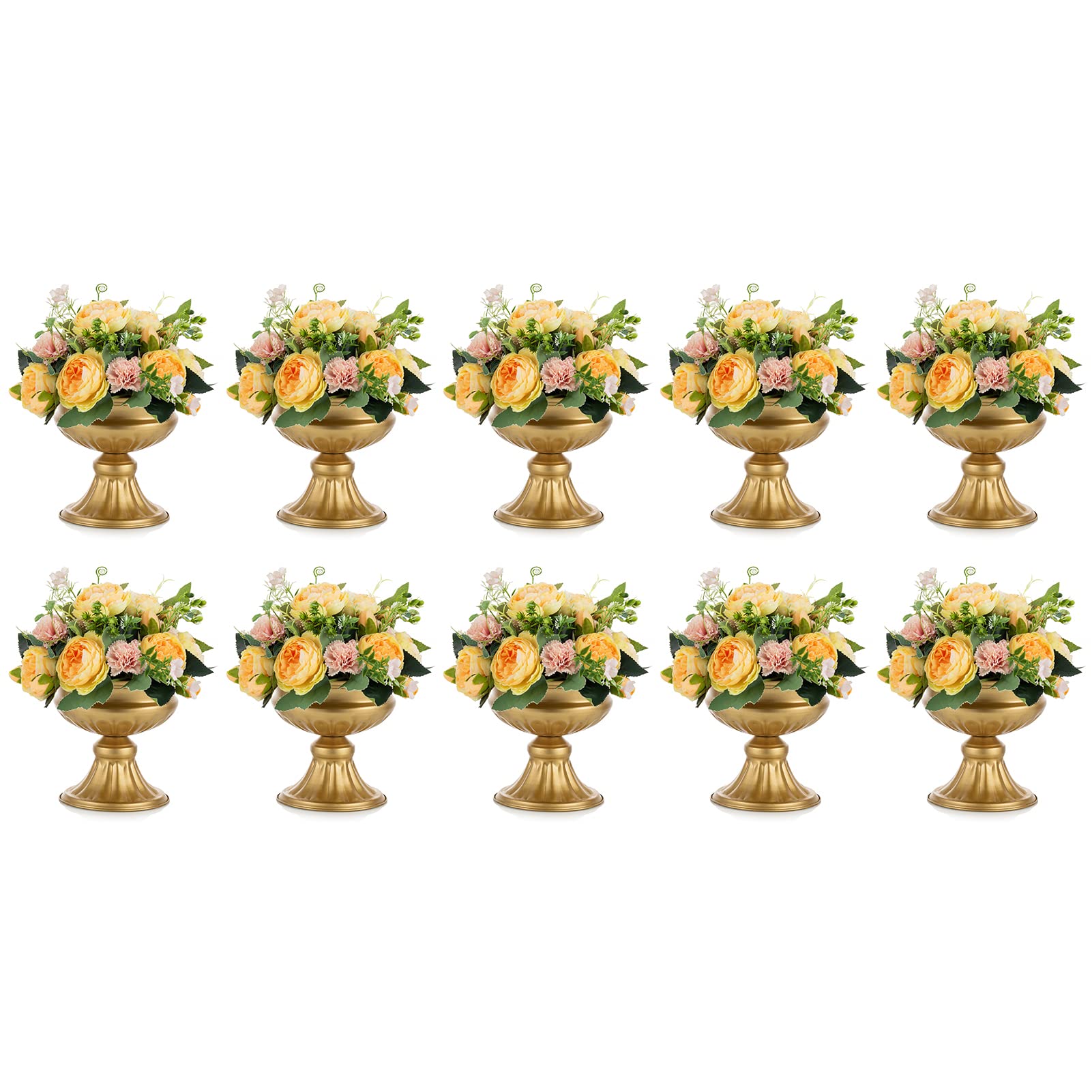 Elegant Gold Metal Urn Vases for Wedding Centerpieces - Set of 10, 6.5 Inch Tall Trumpet Vases for Table Decorations, Party & Home Decor - Perfect for Wedding Receptions, Anniversary Celebrations and Special Events