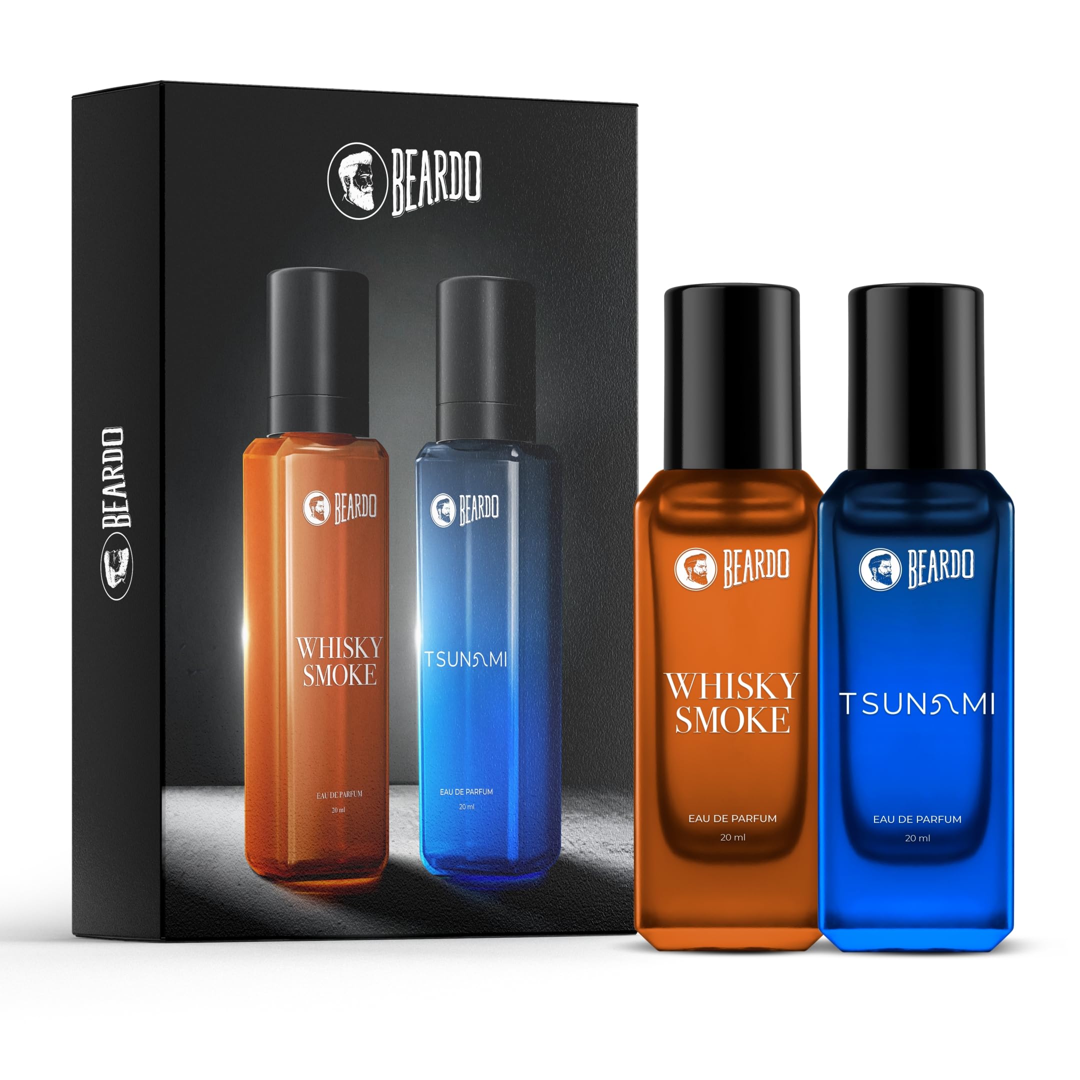 Beardo Whisky Smoke & Tsunami Perfume Set for Men (20ml x 2) - Spicy Woody Oudh & Fresh Aquatic Fragrance - Long Lasting Cologne - Perfect Gift for Husband, Boyfriend, Valentine's Day - Great for Date Night, Office Wear & Special Occasions