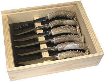Premium Set of 6 Stainless Steel Steak Knives with Crown Handles - Gift Boxed Wooden Storage Case - Perfect for Dinner Parties, BBQ & Steakhouse-Style Dining
