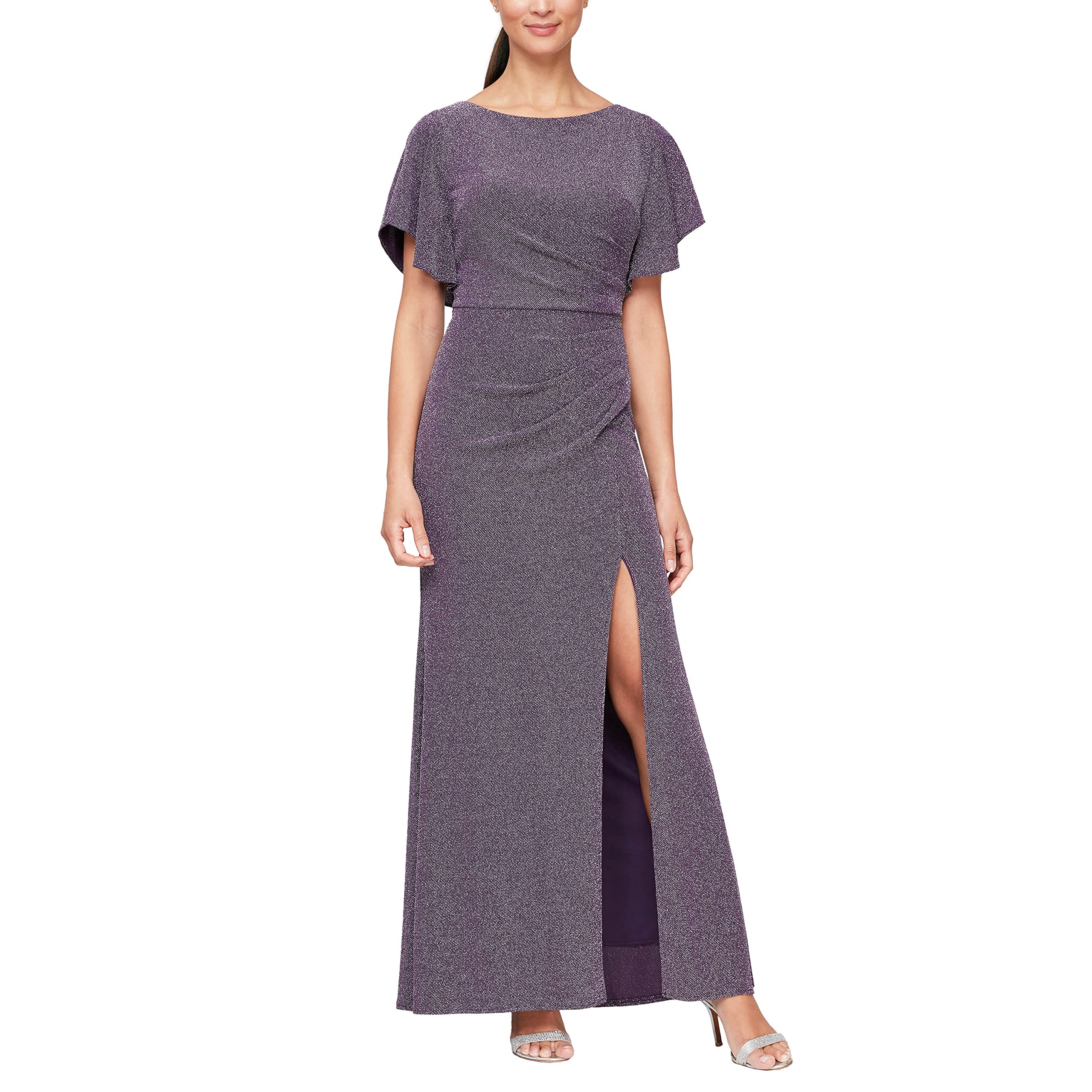 Alex Evenings Women's Long Metallic Ruched Flutter Sleeve Formal Gown with Side Slit - Elegant Mother of The Bride Dress for Weddings, Galas & Special Occasions