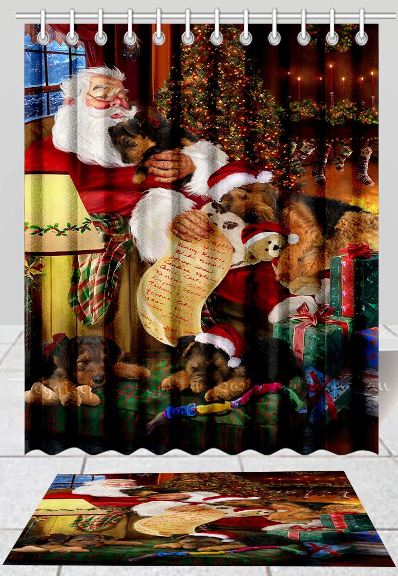 Santa Sleeping with Airedale Dog Shower Curtain and Bath Mat Set - Non-Slip Bathroom Decor, Plush Rug, Polyester Bathtub Curtain with Hooks (Mat 20''x32'', Curtain 72''x84'') - Perfect for Christmas Bathroom Decor and Pet Lover Gifts