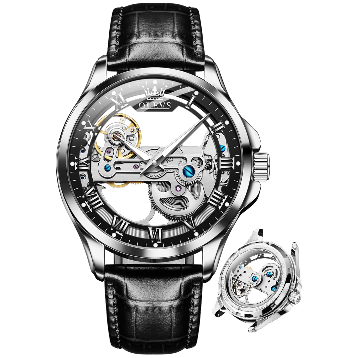 OLEVS Men's Automatic Skeleton Watch - Self-Winding Mechanical Dress Watch with Genuine Leather Strap, Waterproof & Luminous - Perfect for Business, Formal Events & Everyday Wear