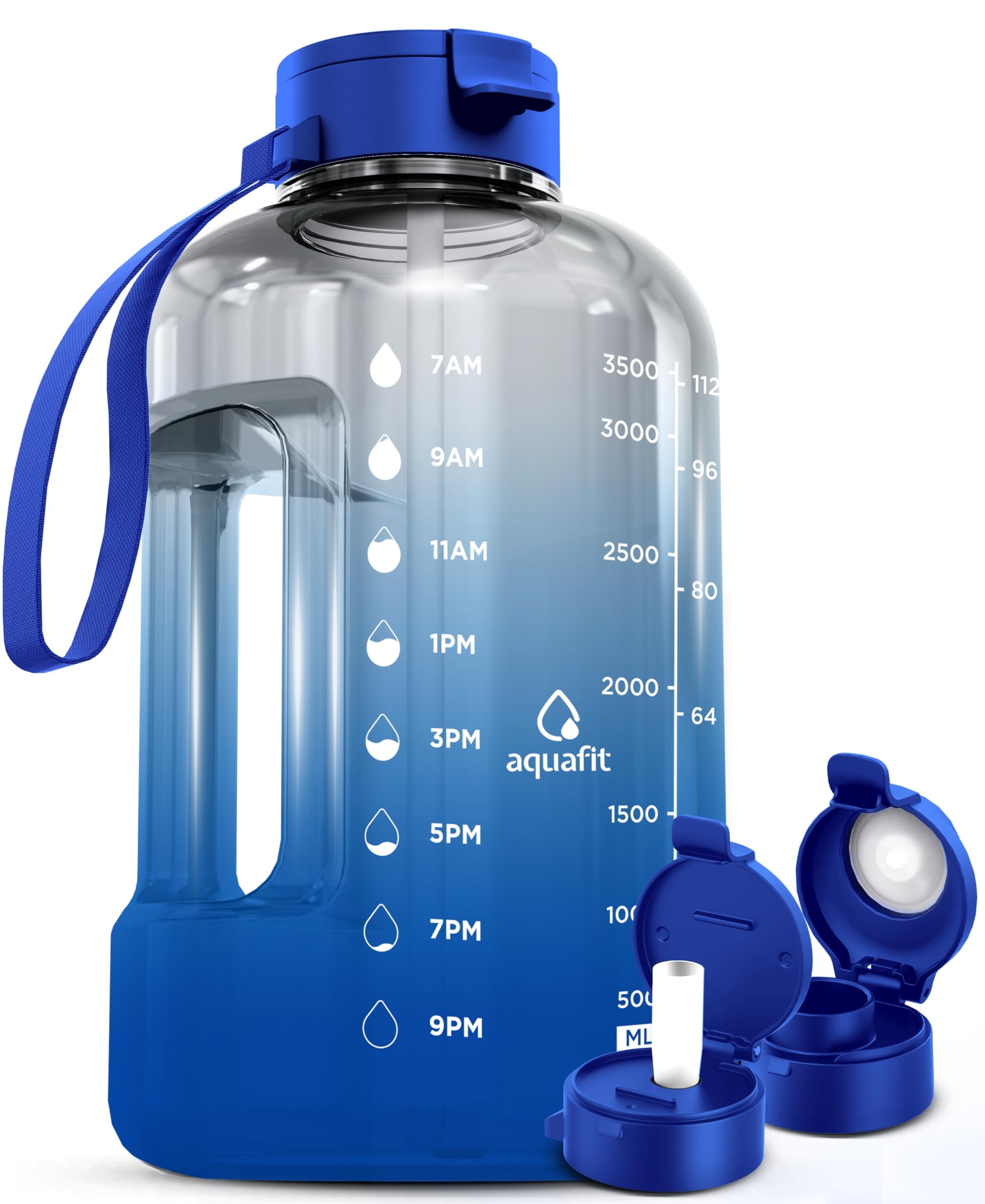 **AQUAFIT 1 Gallon Water Bottle with Straw & Time Marker - 128oz Motivational Water Jug for Gym, Workouts & Daily Hydration - Large 4L BPA-Free Water Bottle (Dark Blue Fade) - Perfect for Fitness, Hiking & Office Use**