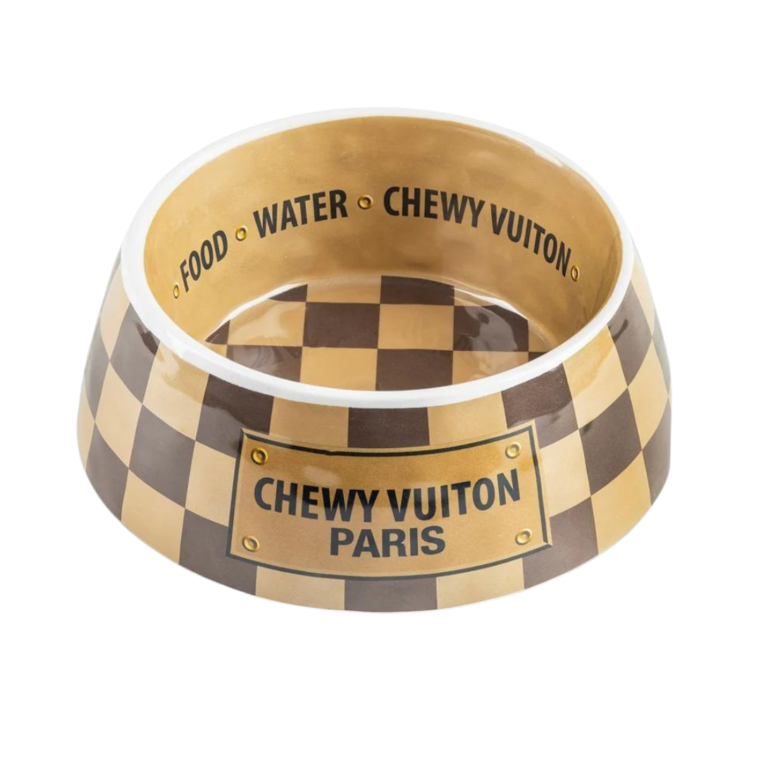 Checker Chewy Vuiton Dog Bowl - 3 Sizes for Small, Medium & Large Dogs | Non-Slip Pet Food & Water Dish for Home, Travel & Outdoor Use