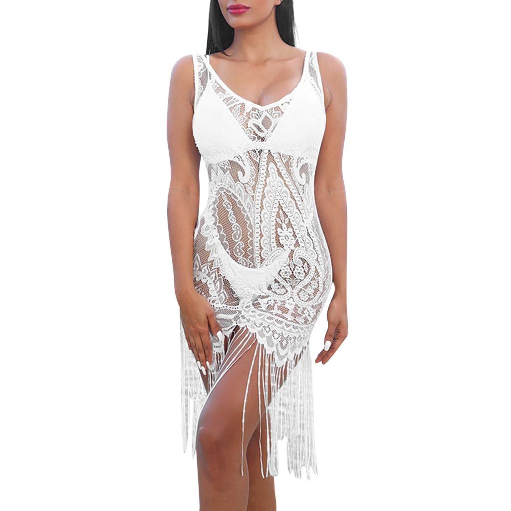TUSANG Women's Sleeveless V-Neck Slim Fit Lace Tassel Dress - Sexy Casual Beach Dress for Ladies | Perfect for Summer Vacation, Pool Party & Date Night