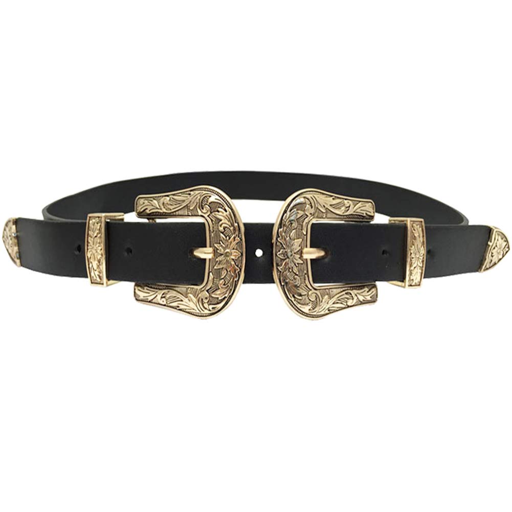 ALAIX Women's Western Vintage Style Genuine Leather Belt with Two Buckles - Adjustable Waist Belt for Jeans, Dresses & Pants (Black) | Perfect for Casual Outfits, Western Fashion & Everyday Wear