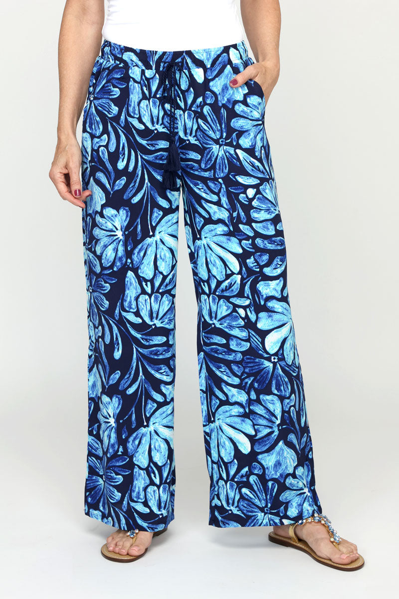 Top Ligne Airflow Blue Floral Pocket Pants - Women's Lightweight Breathable Lounge Pants for Yoga, Travel & Home Comfort