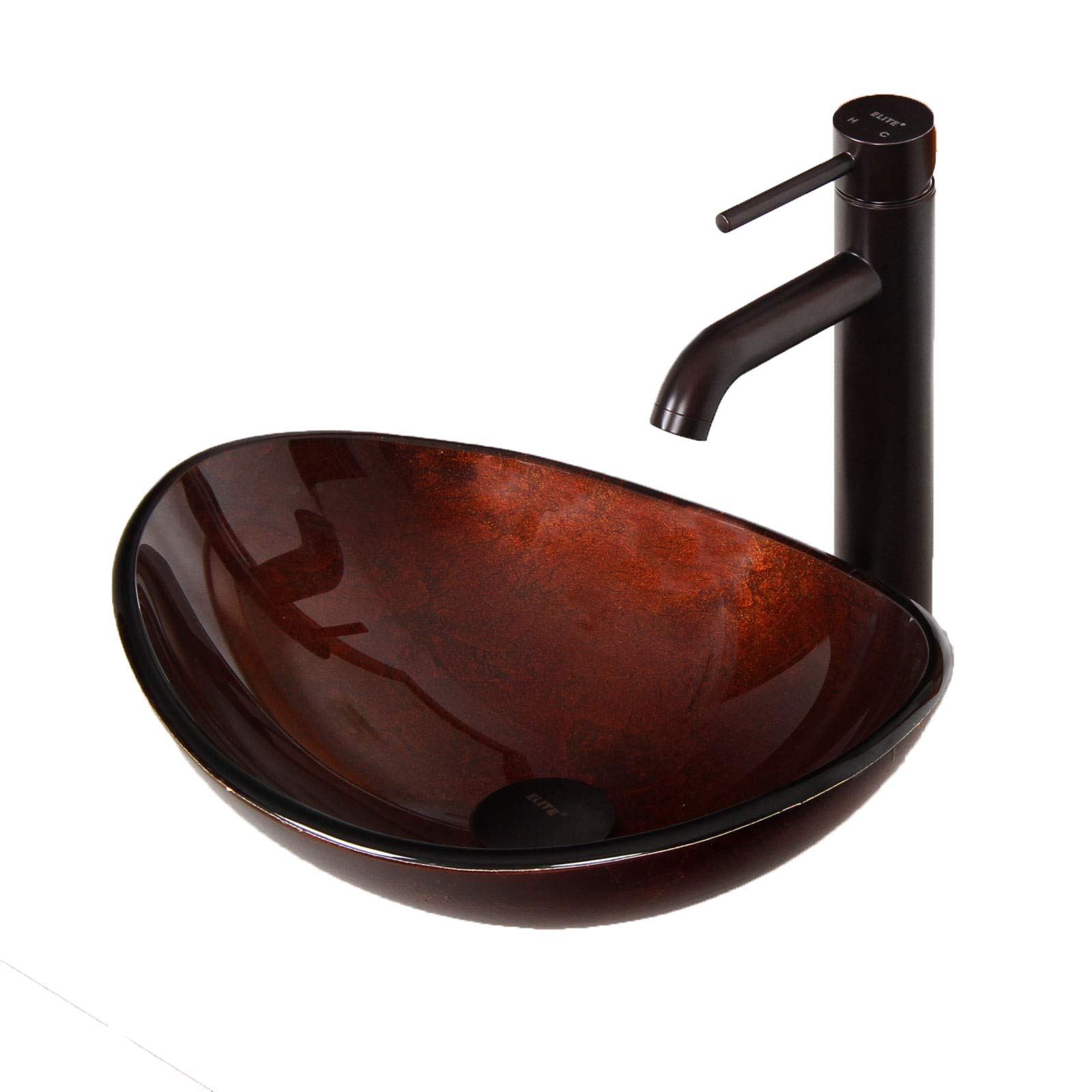 ELITE Unique Oval Artistic Bronze Tempered Glass Bathroom Vessel Sink with Oil Rubbed Bronze Faucet Combo Set - Modern Vanity Sink for Bathroom Remodeling & Luxury Home Decor