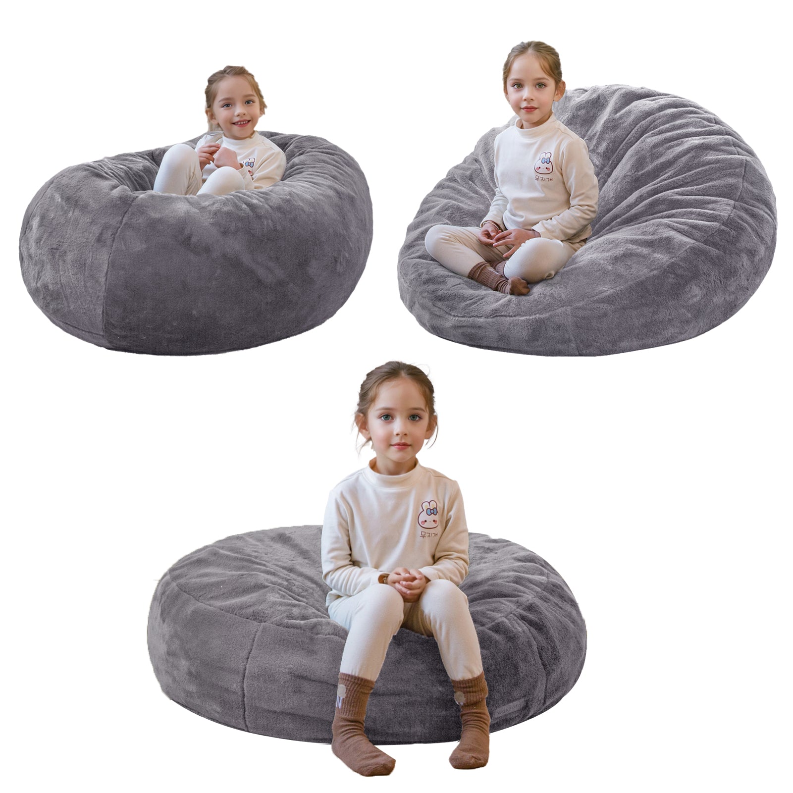 MAXYOYO 3-in-1 Kids Bean Bag Chair Bed - Convertible Faux Fur Round Floor Sofa for Children's Room, Gaming & Reading Nook - Dark Grey - Perfect for Playrooms, Bedrooms & Cozy Corners