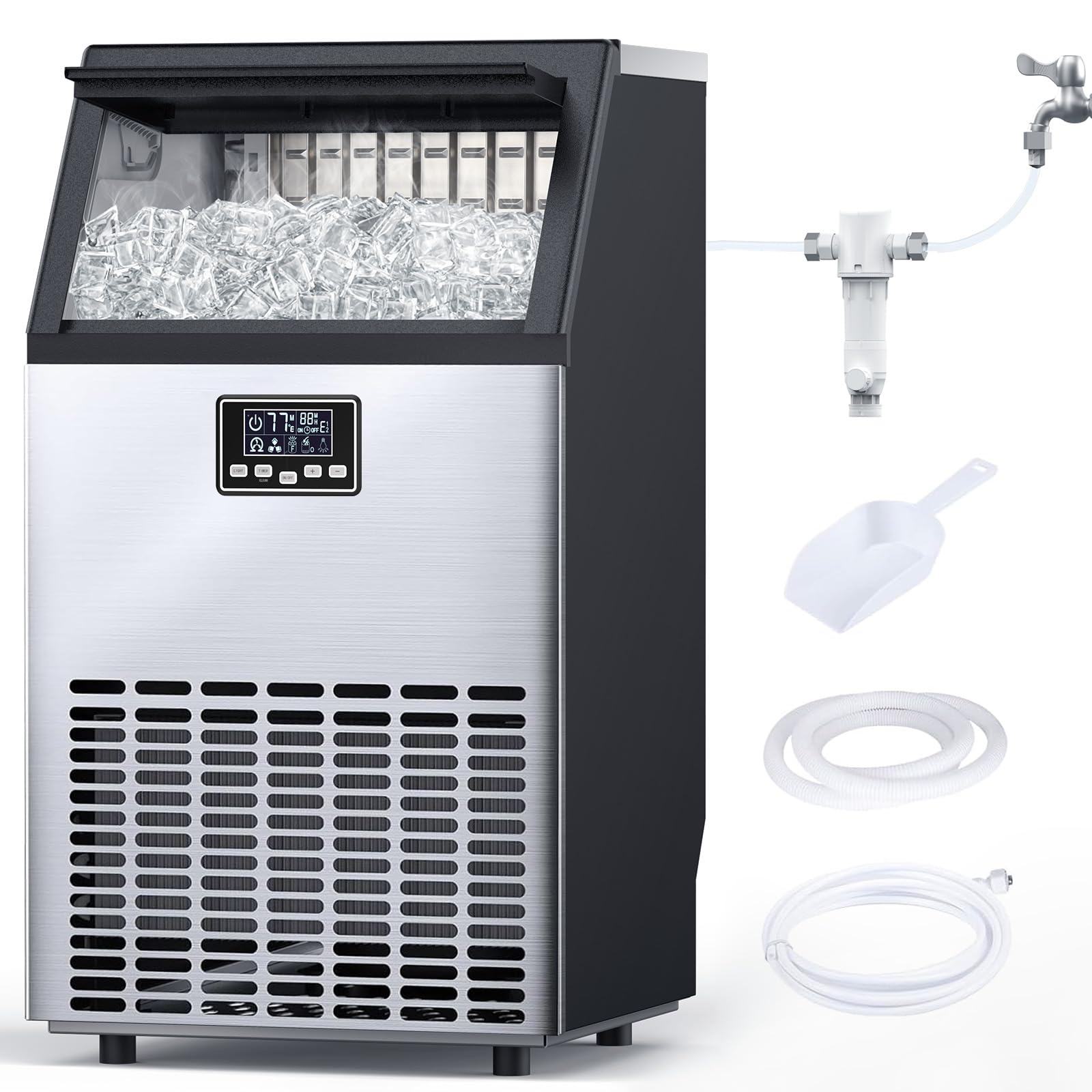 Commercial Ice Maker Machine - 100lbs/24H Under Counter Ice Maker with Moon-Shaped Ice, Freestanding Design, Ice Thickness Control, Stainless Steel Construction - Perfect for Home, Bar, Cafe, Office & Commercial Use
