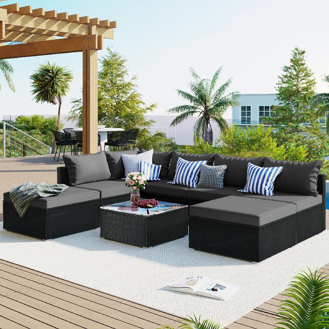 8-Piece Outdoor Patio Furniture Set - Wicker Garden Conversation Sofa Set with Combinable Single Sofa (Gray) - Perfect for Backyard, Poolside & Patio Relaxation