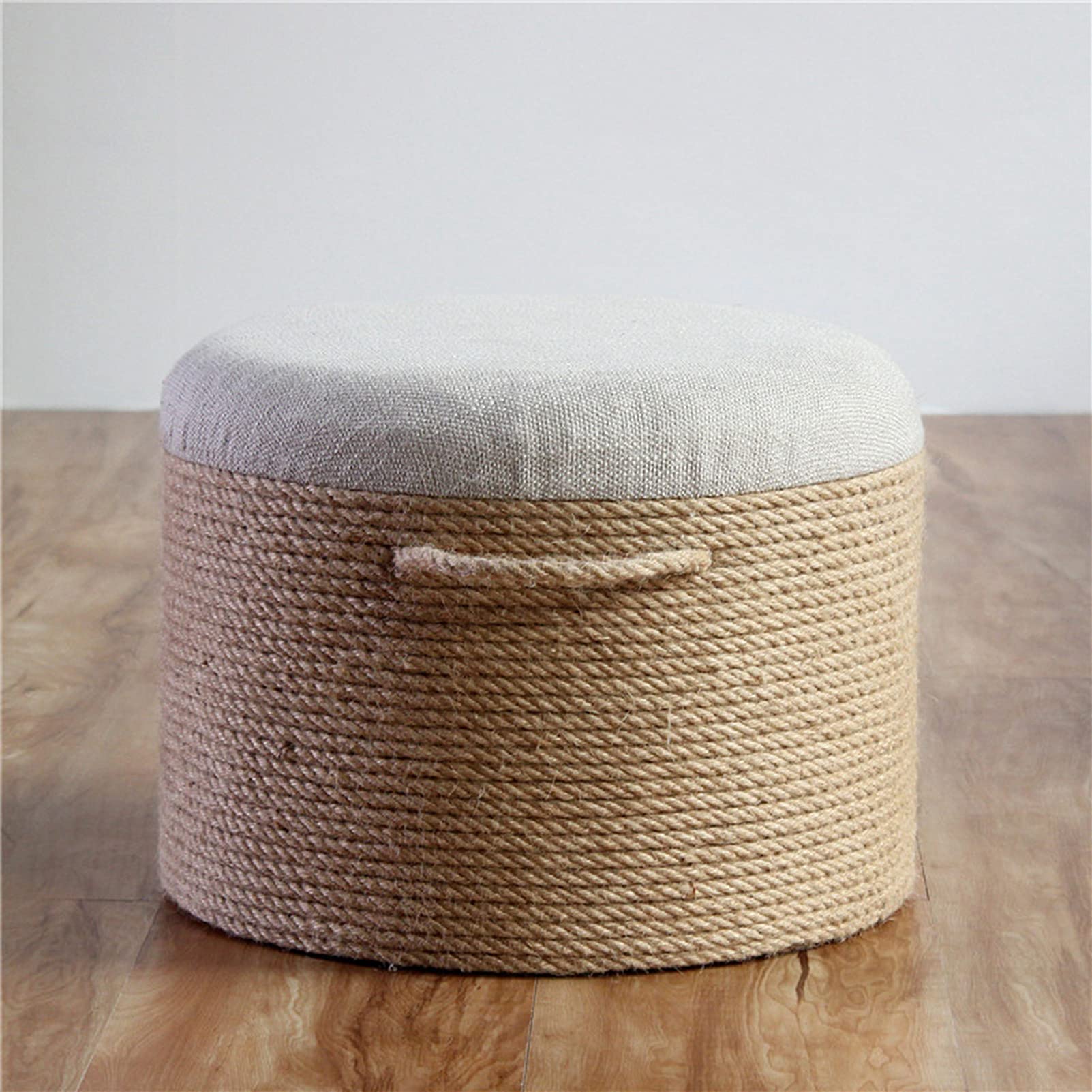 Linen Woven Straw Pouf Ottoman with Solid Wood Base - 16