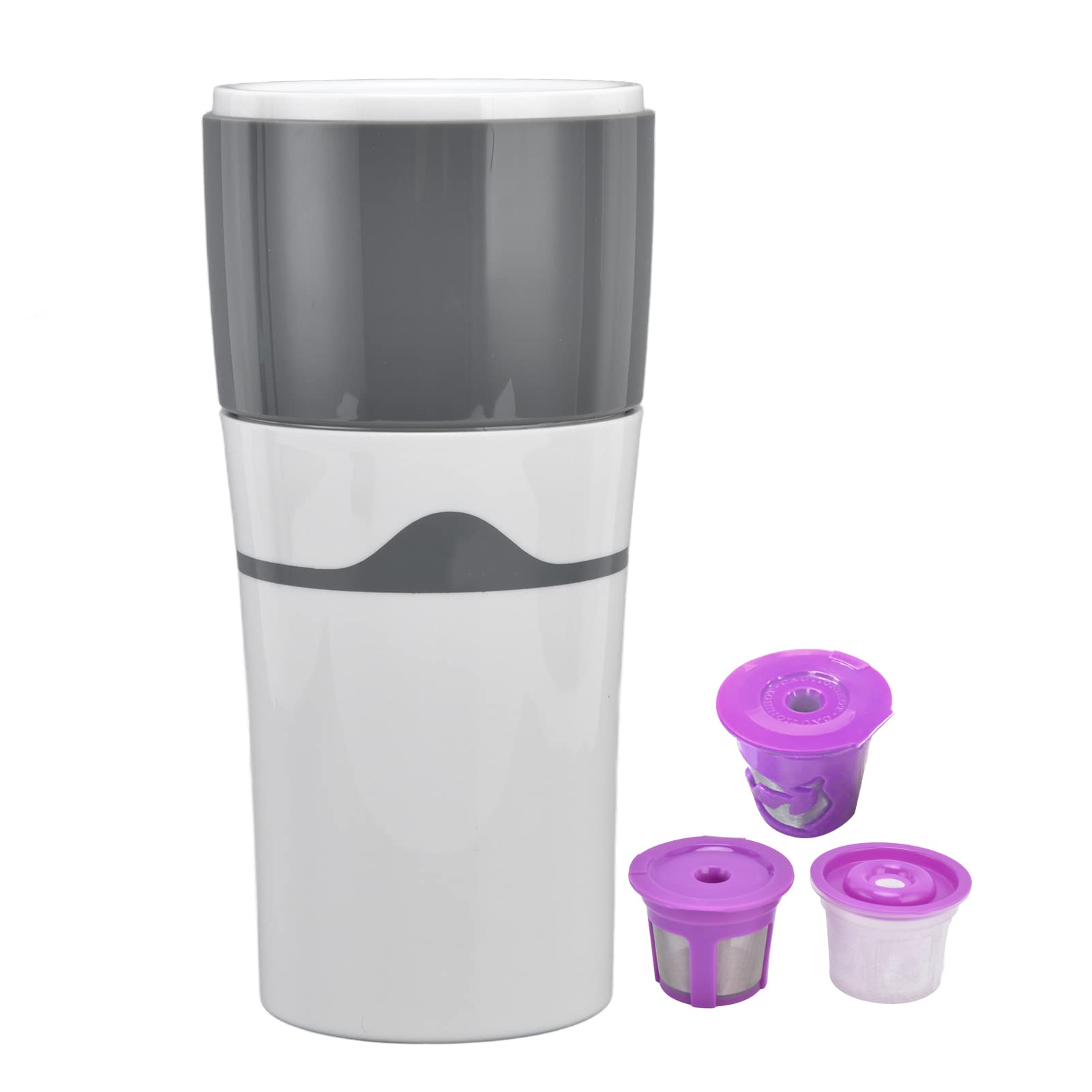 Portable Drip Coffee Maker for Travel & Camping - Compact K Cup Coffee Machine with Reusable Capsules, Lightweight & Easy to Use - Perfect for Outdoor Adventures, Office, Road Trips (Grey & White)