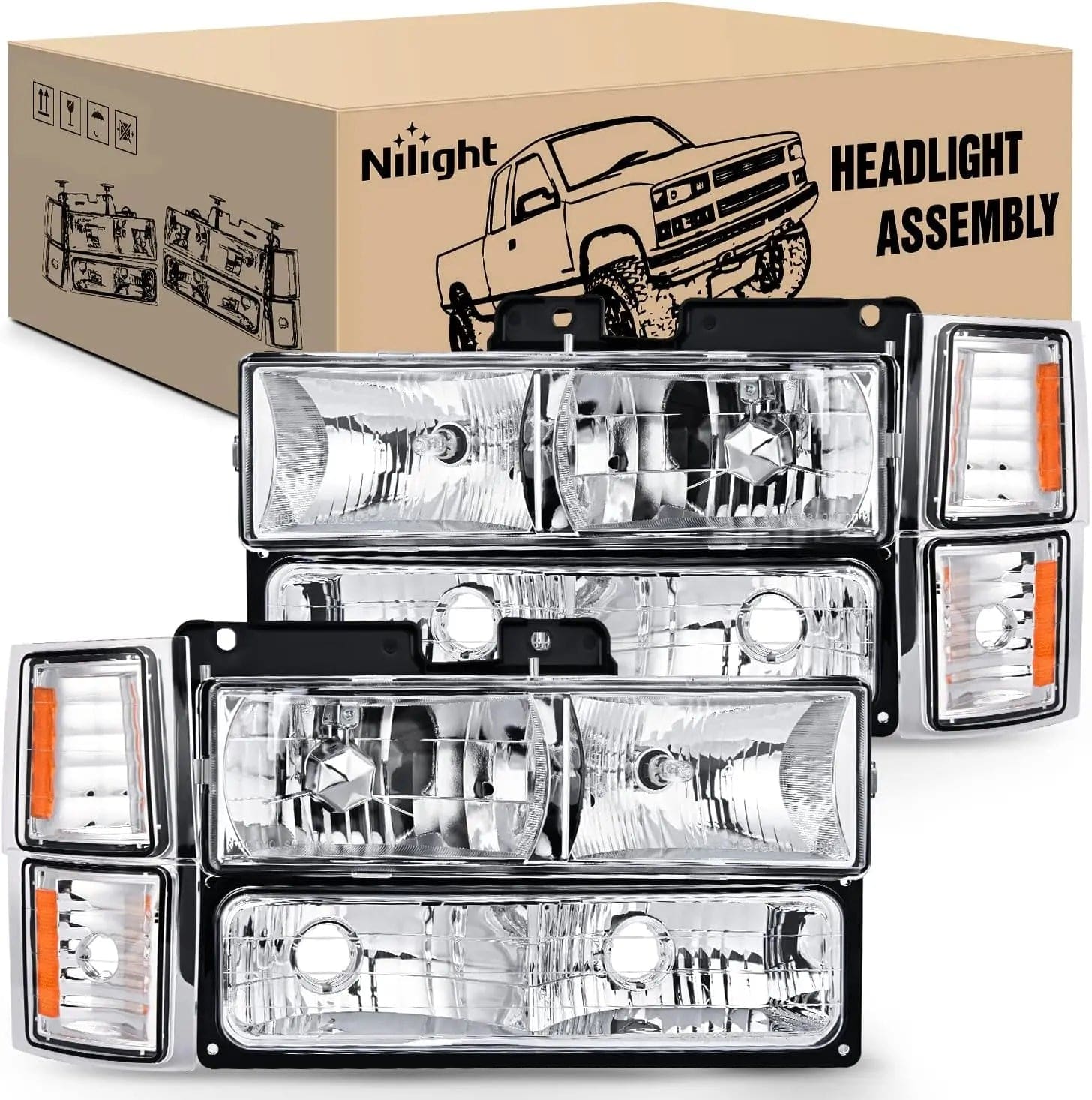 1994-1998 Chevy Silverado Tahoe Suburban C10 C/K 1500 2500 3500 Replacement Headlight Assembly - Chrome Housing with Amber Reflector - Perfect for Night Driving & Off-Road Adventures