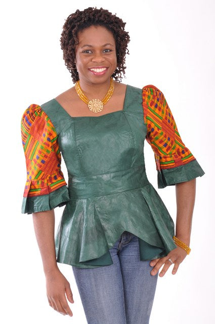Elegant Green Brocade Top with Authentic Kente Print Design DP3227TPG | African-Inspired Fashion for Women | Perfect for Cultural Events, Weddings & Special Occasions