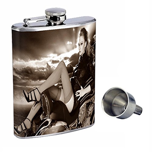 Stylish 8oz Stainless Steel Motorcycle Whiskey Flask with Free Funnel - Perfect for Bikers, Outdoor Adventures & Gifts (Model D-009)