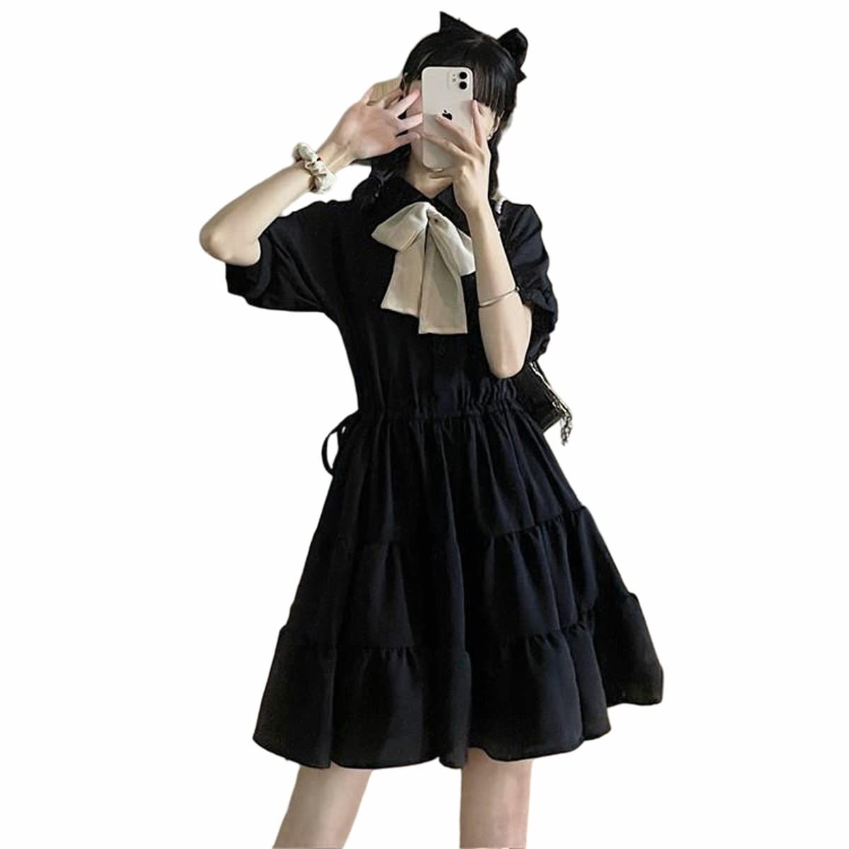 Harajuku Cute Bow Dress for Girls - Short Sleeve Loose A-Line Midi Skirt Kawaii Fashion (Black, Size M) | Perfect for Casual Outings, Parties & Cosplay