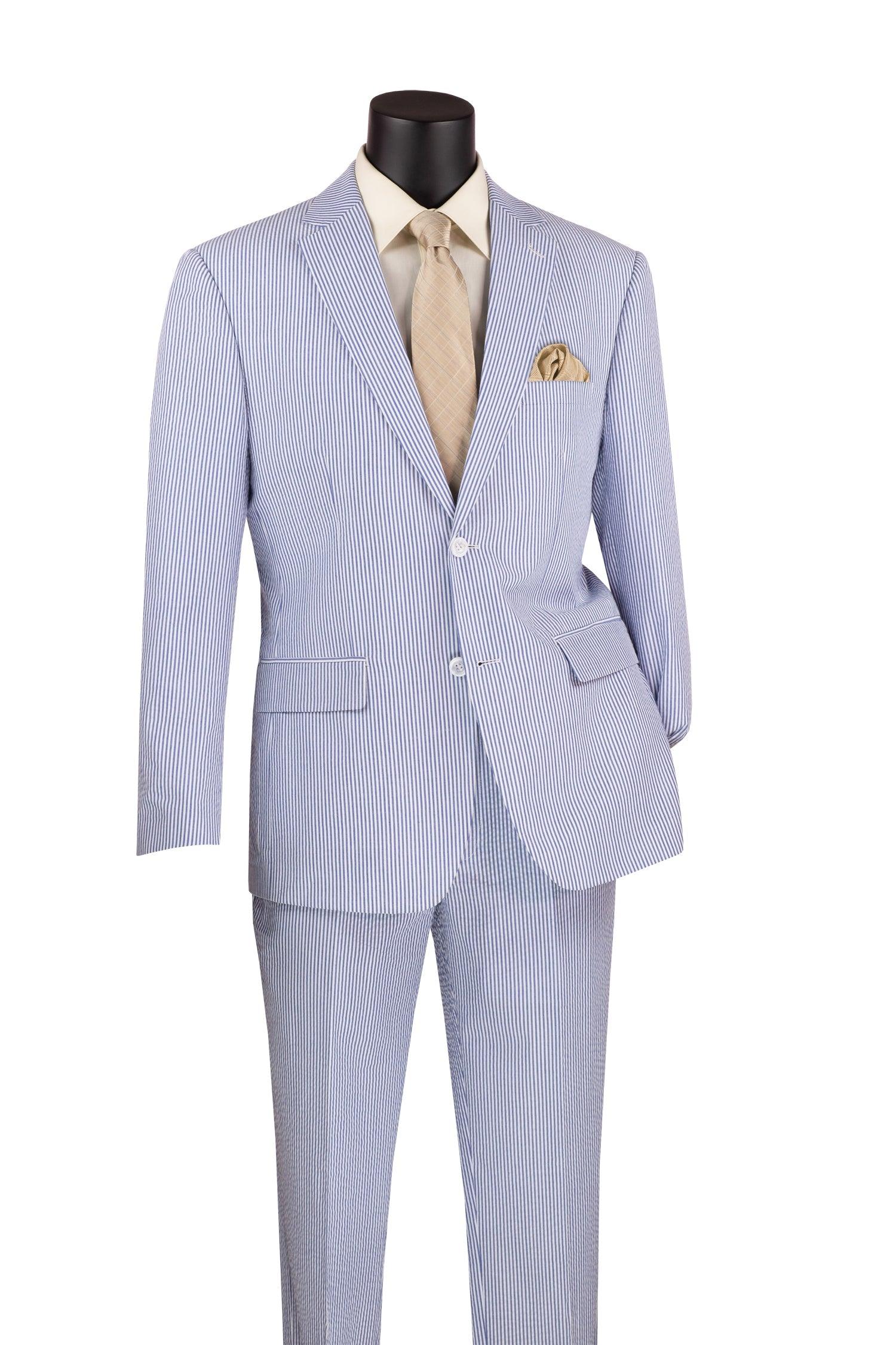 Men's 2-Piece Seersucker Modern Fit Suit - Blue Pinstripe | Lightweight Summer Wedding & Business Attire
