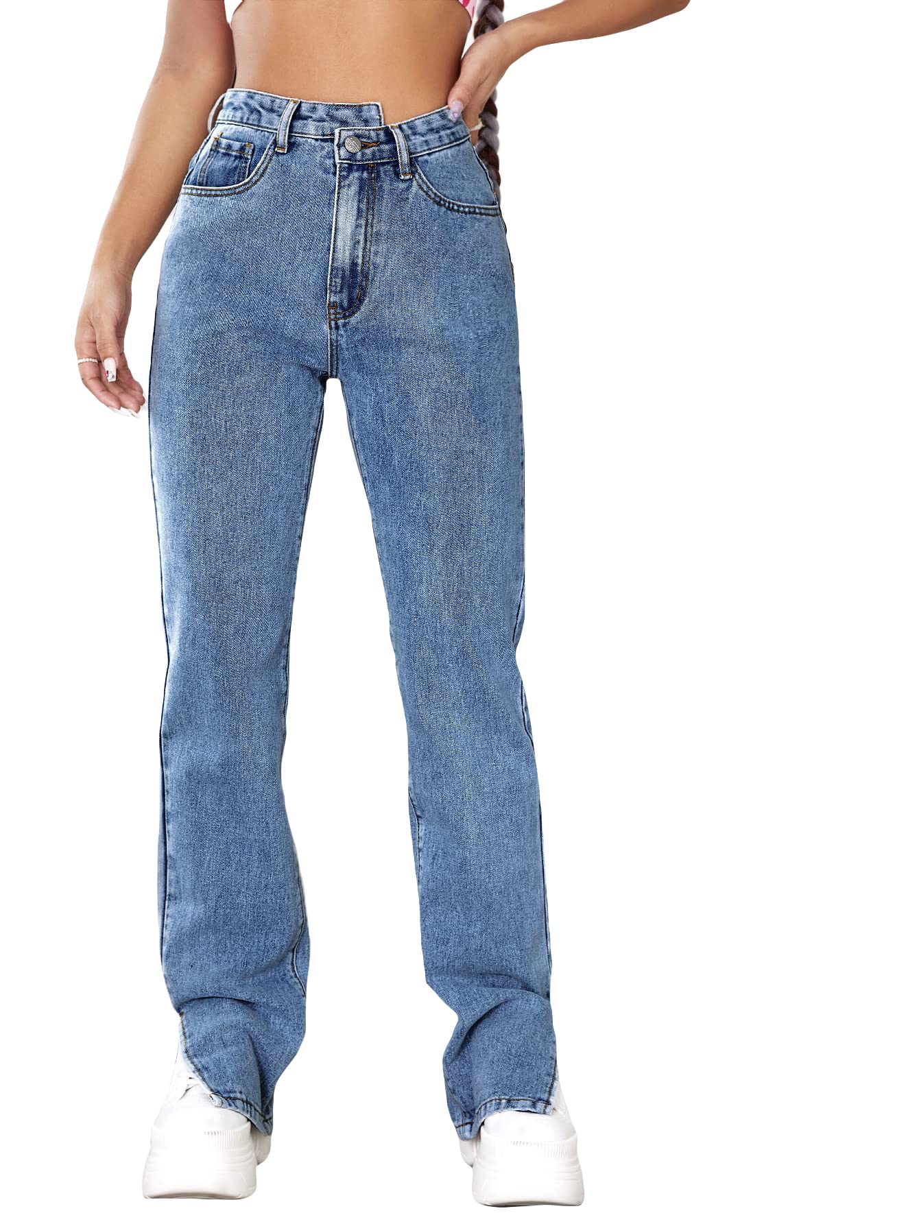 WDIRARA Women's High Waist Asymmetrical Split Side Long Denim Jeans - Trendy Stretch Skinny Pants for Casual Outfits & Night Out