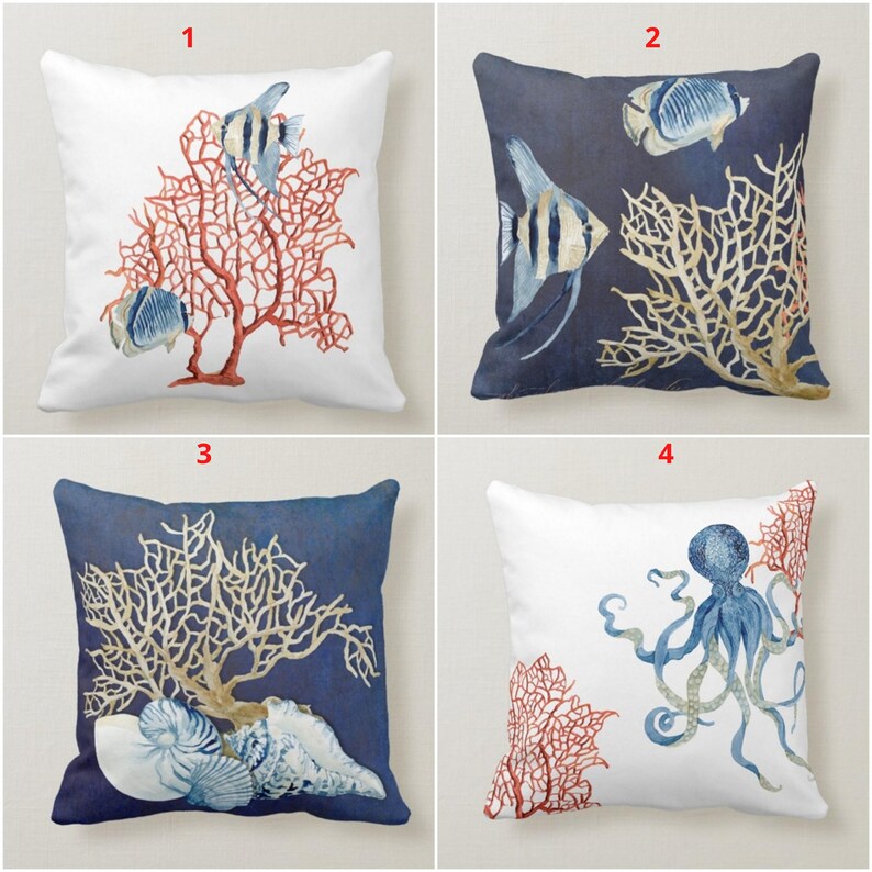Vibrant Coral Sealife Printed Set of 4 Decorative Throw Pillow Covers - Perfect for Beach House Decor, Ocean Theme Bedroom & Coastal Living Room Accents
