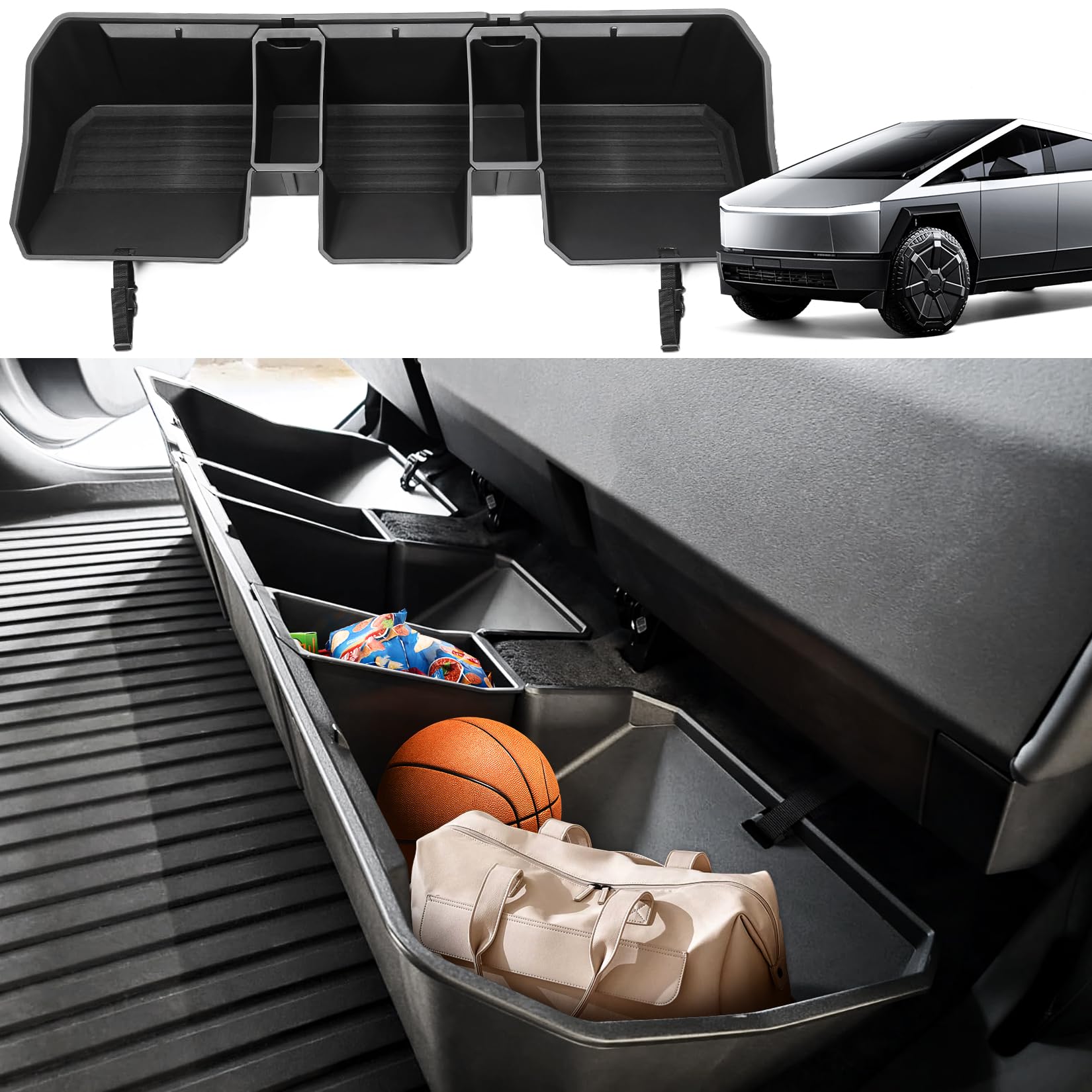 Tesla Cybertruck 2024 Rear Under Seat Storage Box - Black Hidden Organizer Bin for Second Row | Underseat Storage Accessories for Camping, Road Trips & Everyday Use