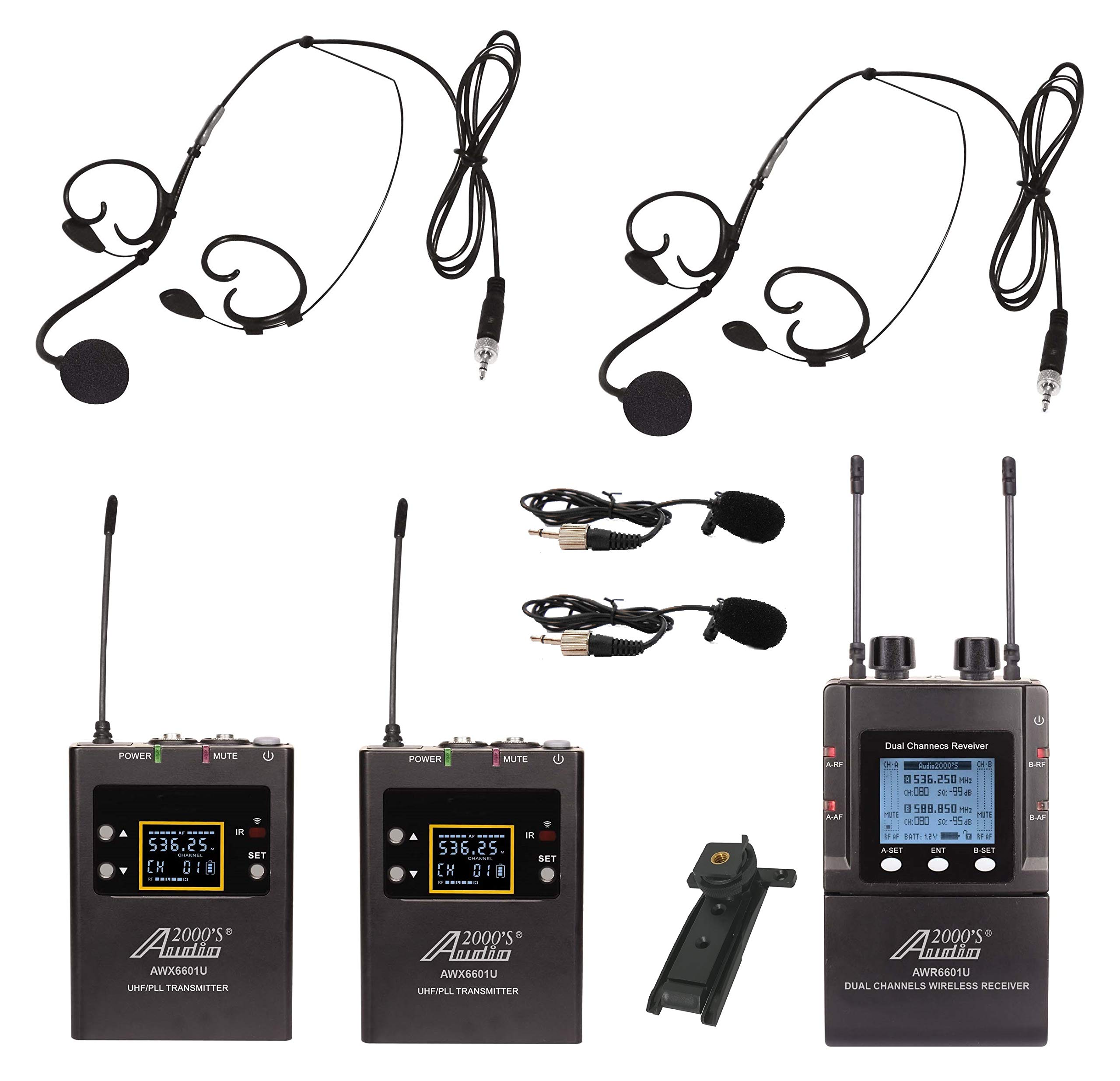 Audio2000'S AWM6601U Wireless Dual Headset Lapel Microphone System for DSLR Camera, YouTube Podcast, Video Recording, Vlogging, Interview, Live Streaming, Teaching, Tour Guide & TikTok Content Creation - Perfect for Professional Audio in Studio, Events and On-The-Go Productions