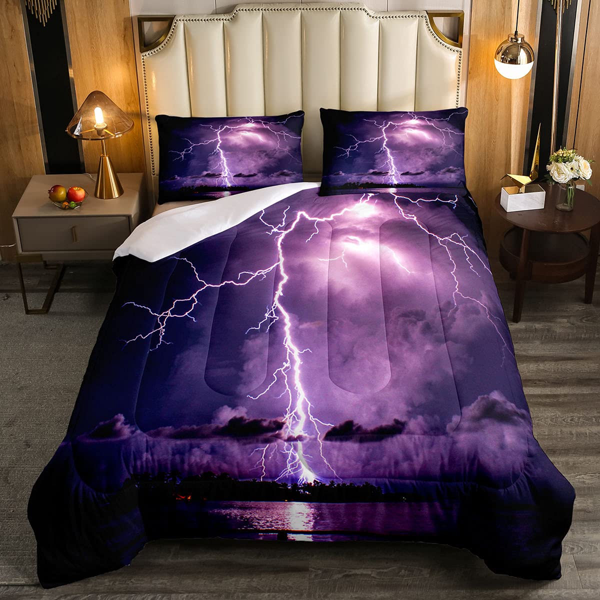 Lightning Down Comforter Set - Queen Size Dark Clouds Thunderstorm Design with Glitter Duvet Insert & 2 Pillowcases - Cozy Bedding for Kids Boys Girls - Perfect for Stormy Nights & Themed Bedrooms