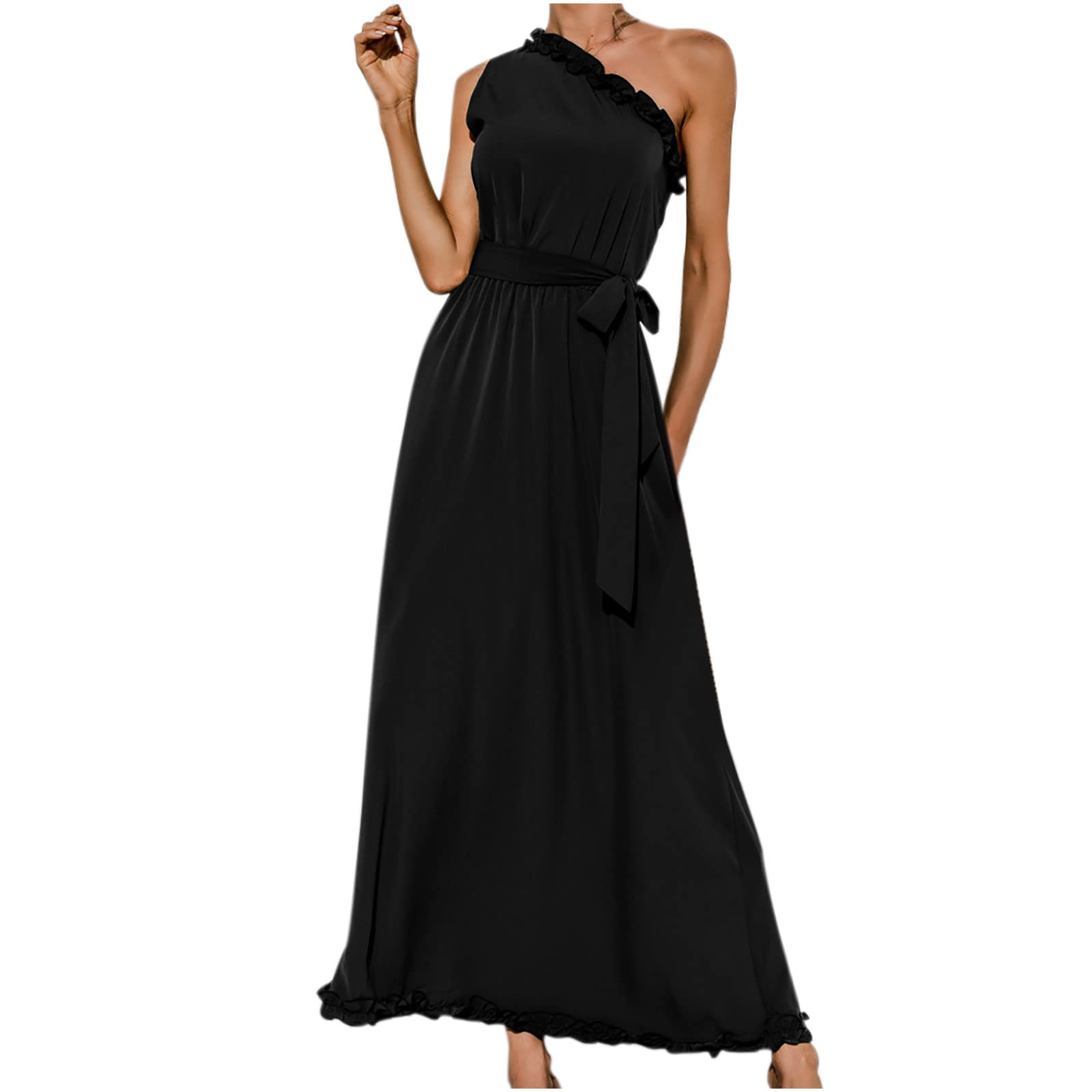 JOAU Women's Summer Sleeveless One Shoulder Maxi Dress - Elegant Ruffle Flowy Long Dress with Belt for Wedding Guest, Party & Special Occasions