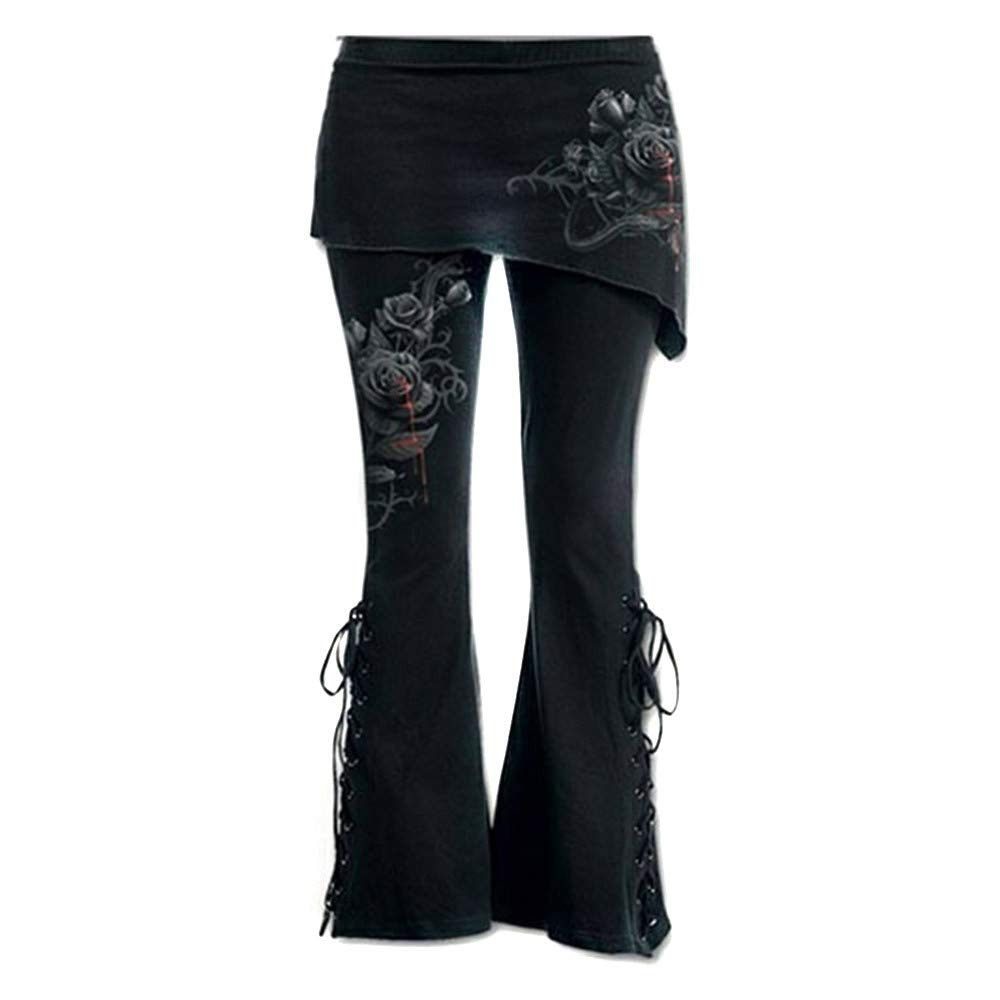 Women's Long Flare Jeans - Floral Print Bootcut Pants with Lace-Up Detail | Gothic Black Denim Skirt Pants for Casual Wear & Boho Outfits
