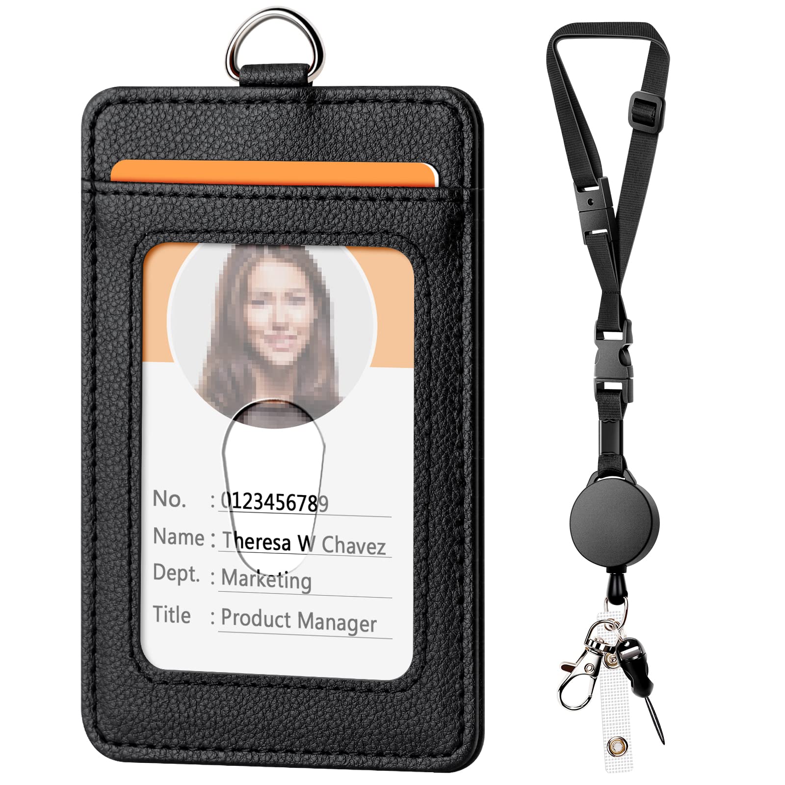 Leather Badge Holder with Retractable Lanyard - Office ID Card Holder for Staff & Students