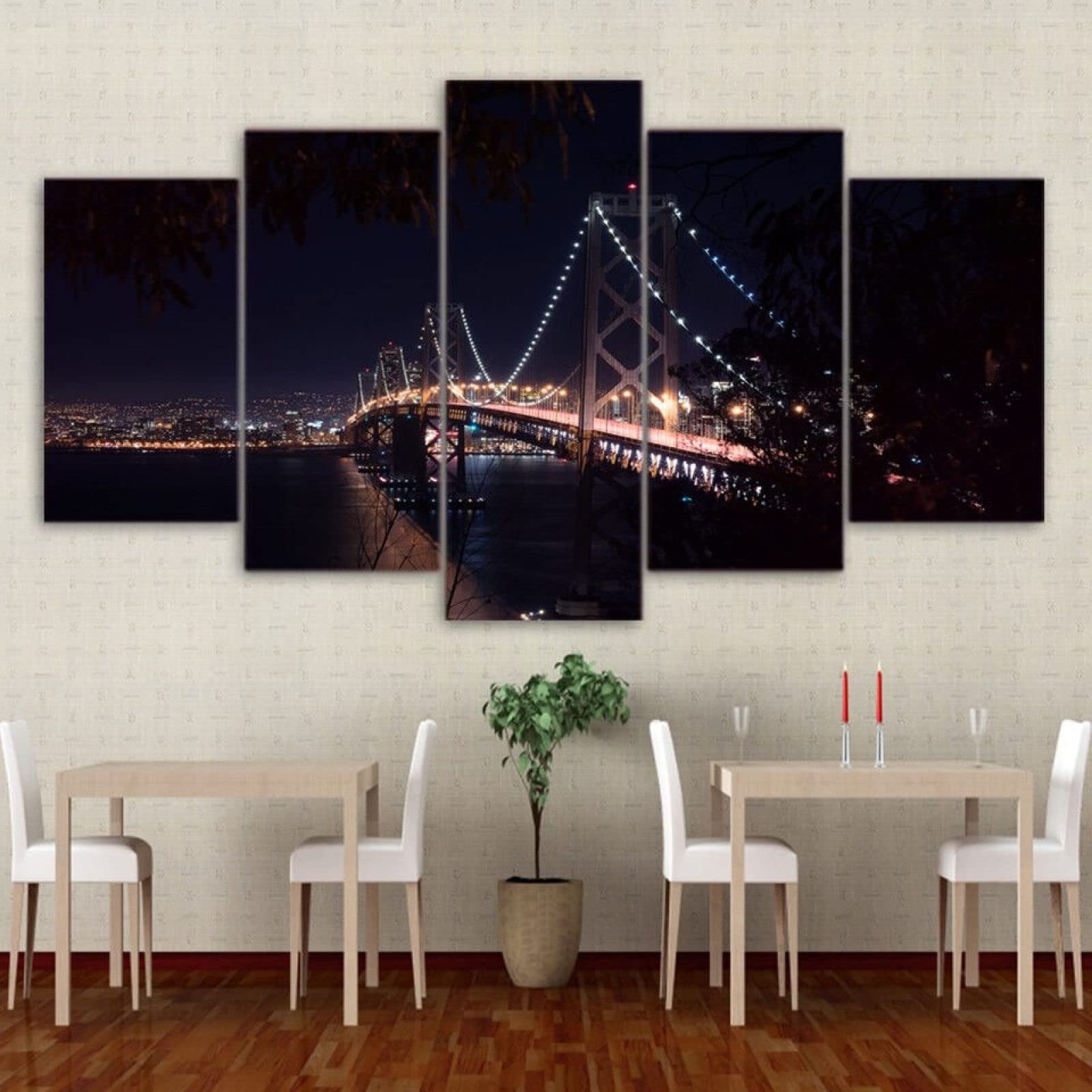San Francisco Oakland Bay Bridge Canvas Wall Art - Set of 5 Modern Stretched & Framed Panels for Home Decor | Living Room, Bedroom & Office Wall Pictures