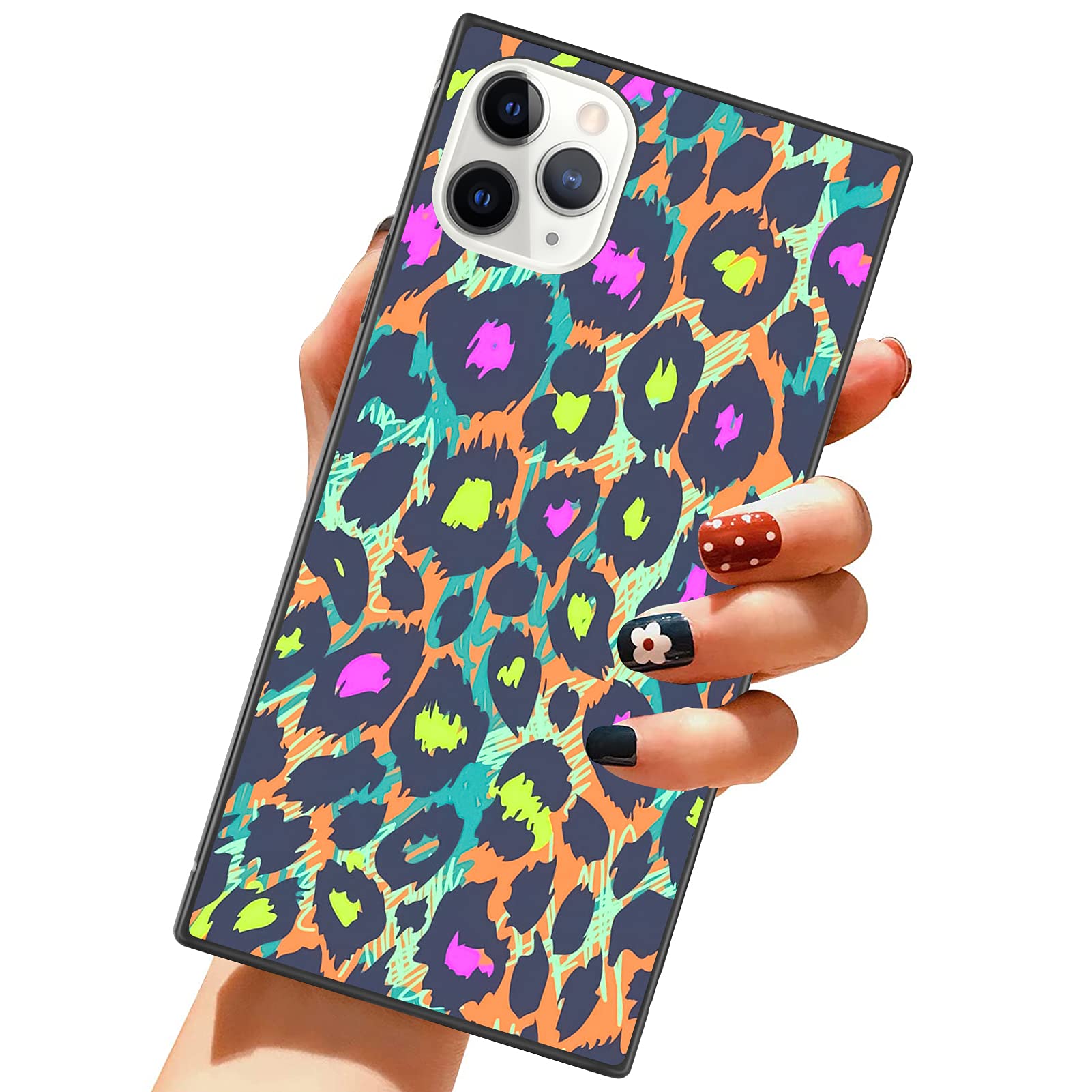 Shockproof Cute Purple & Green Leopard Square Case for iPhone 11 Pro Max (6.5 Inch) - Soft TPU Cushion with Reinforced Corners | Ultra Thin Protective Phone Cover for Women & Girls | Perfect for Daily Use, Travel & Gift Giving