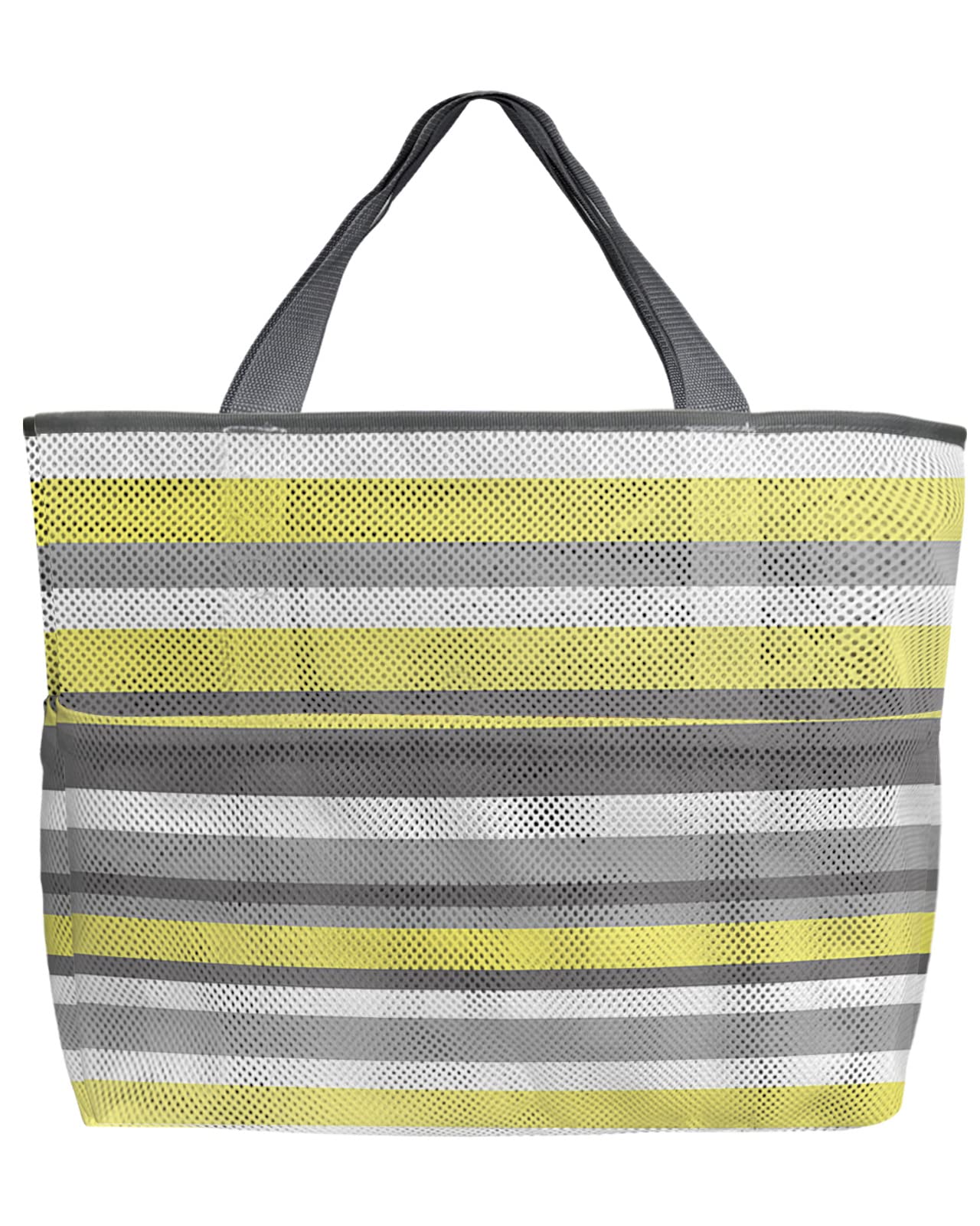 Mesh Beach Tote Bag - 60L Oversized Yellow Grey White Striped Tote with Pockets | Foldable Lightweight Swim Bag for Pool, Beach & Grocery Shopping | 24